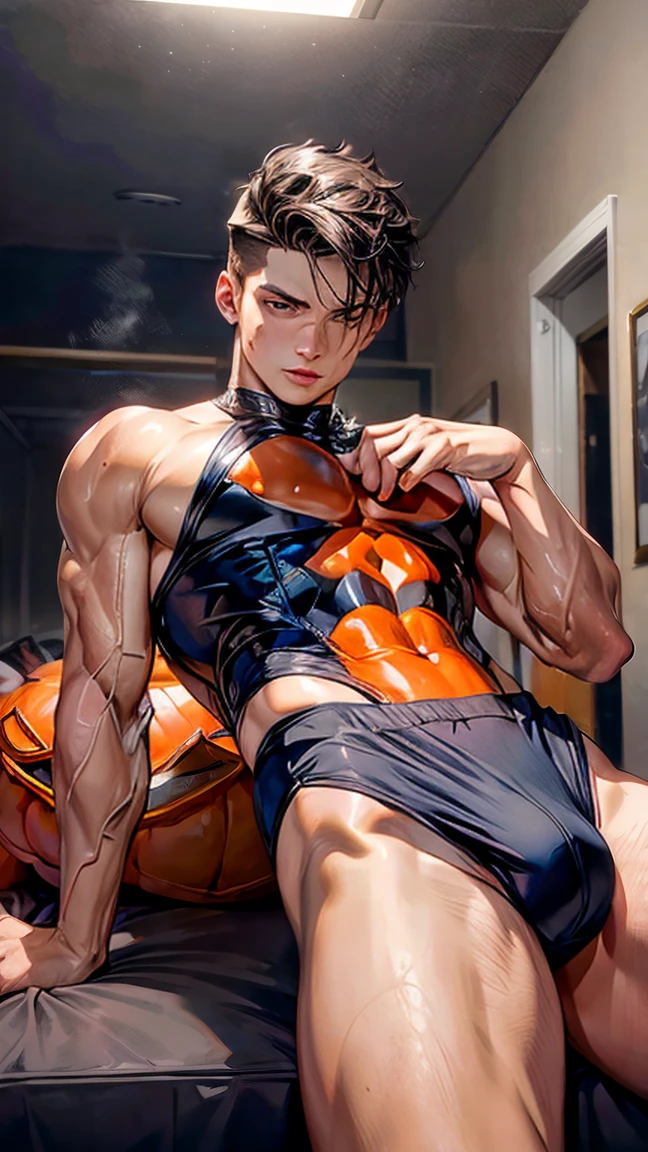 Lying on his stomach puffs of transparent Orange steam gather into the figure of a young man + in tight-fitting tights + aesthetically pleasing + beautiful + high resolution + hyperrealism + professional photo, Young guy, pronounced muscles, fifteen years old, posing, offering himself, tempting, erotic, in a thong, erotic, provocative Halloween costume, Rear top view, European appearance , daring, brutal hairstyle, large voluminous elastic lush buttocks, torn fabric exposed, ART painting, white hair, attractive uncovered male figure, full-length silhouette, image of insidious seduction, professional photo,