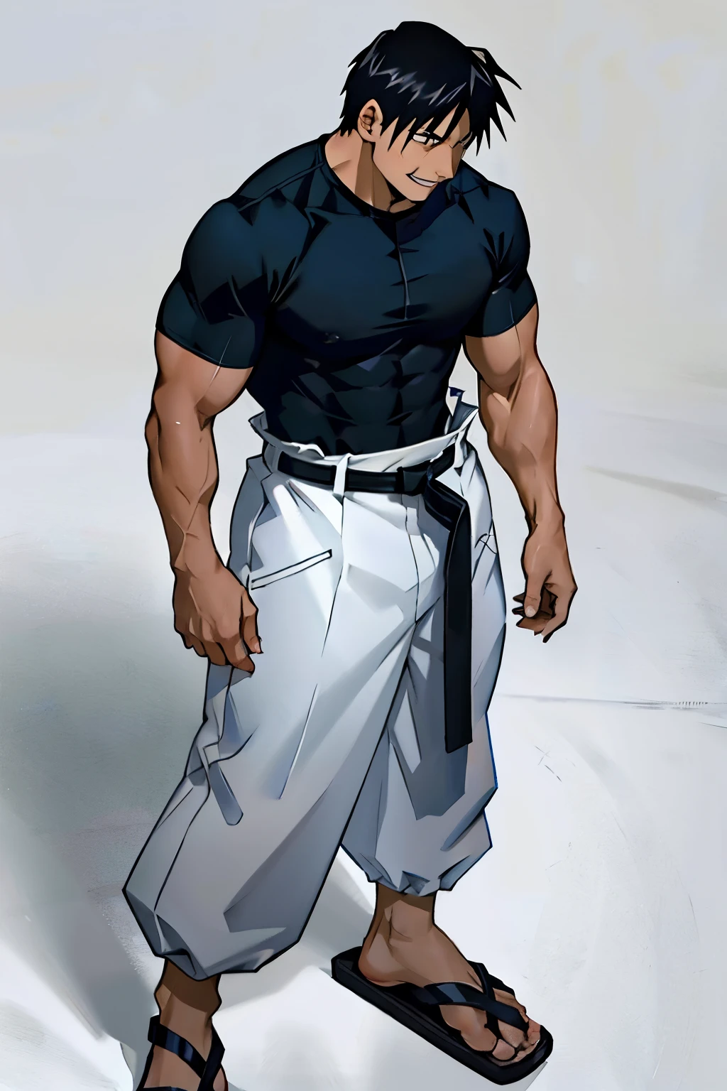 Roy Mustang from Full Metal Alchemist, disguised as Toji Fushiguro, wearing tight-fitting black shirt and sports tan baggy training white pants with a black belt weaved through the waist and black martial arts slippers, bodybuilder, smug smile, defined body, seem from above