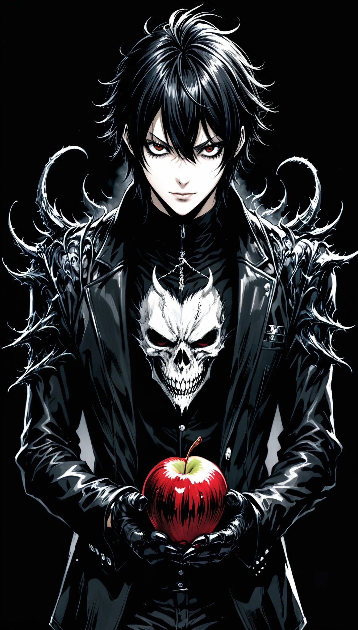 in style of Takeshi Obata,character concept design,death note,death devil,Ryuuku,(perfect hands:1.37)HOLDING APPLE