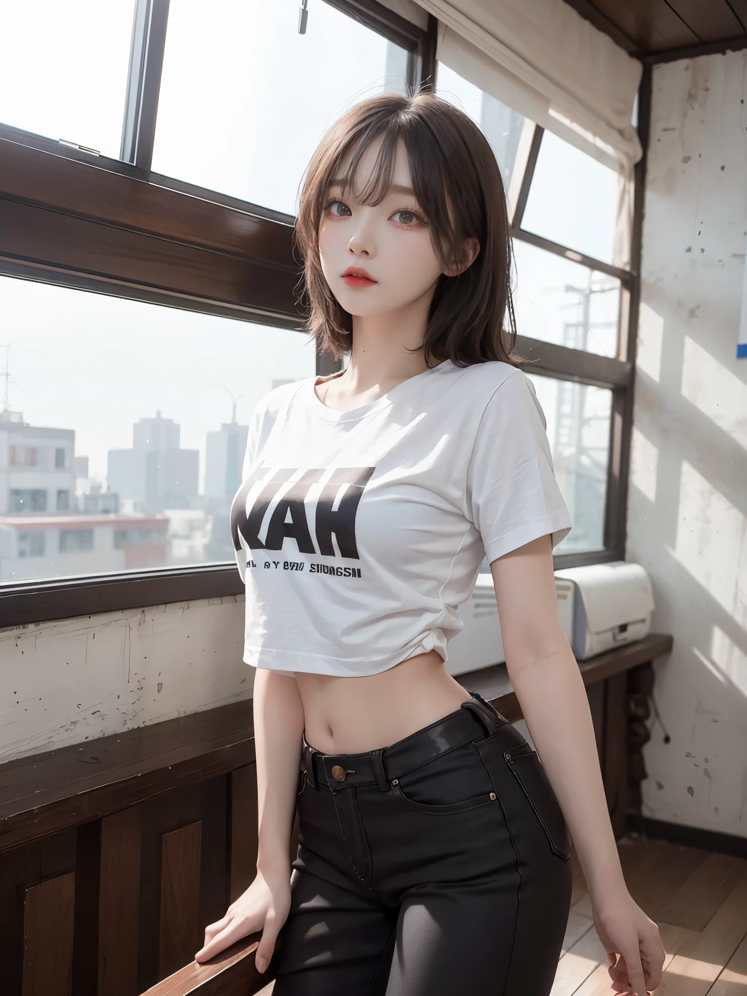Top image quality、Raw photography、超A high resolution、An 18-year-old woman、Shooting for one person only、modelshoot、big round chest、tshirts、short trousers of black color、Beautiful Eyes of Details、very elongated eyes、Beautiful eyelashes、Beautiful double eyelids、white walls、very slender legs、Shorthair with light brown hair、very slender physique、Very small buttocks