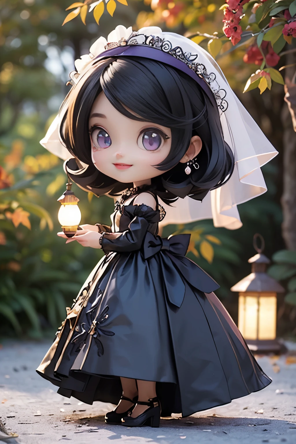 cute blythe doll,(((chibi 3d))) (best quality) (Grand Prix Principal)、Chibi Models、black and purple retro dress、Black hair veil decorated with luxurious jewelry、Autumn in the fairytale forest、hand holding retro lantern、detailed face、Open your mouth and smile, full body, side view, Gaze 45 degrees forward,