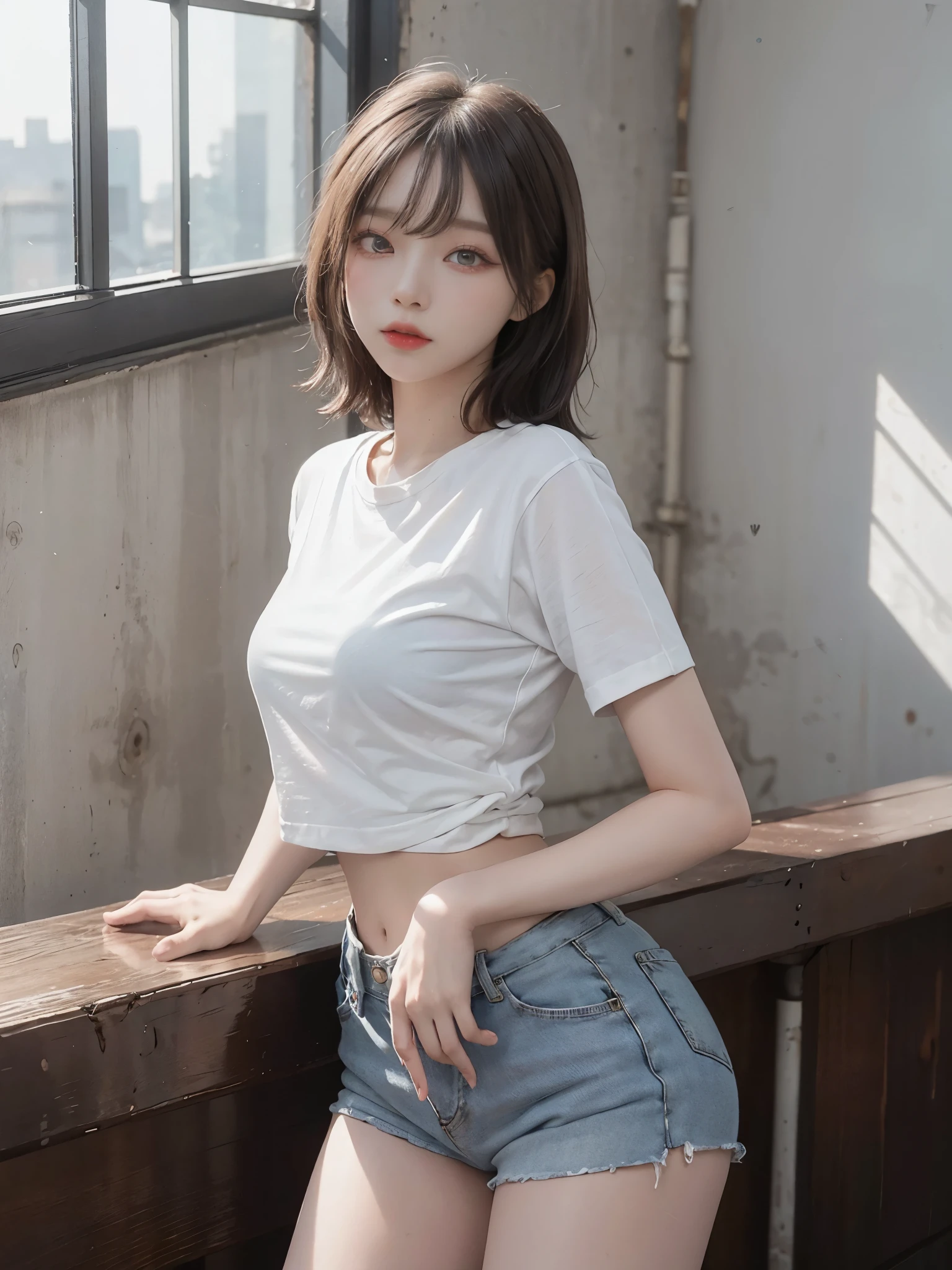 Top image quality、Raw photography、超A high resolution、An 18-year-old woman、Shooting for one person only、modelshoot、big round chest、tshirts、short trousers of black color、Beautiful Eyes of Details、very elongated eyes、Beautiful eyelashes、Beautiful double eyelids、white walls、very slender legs、Shorthair with light brown hair、very slender physique、Very small buttocks