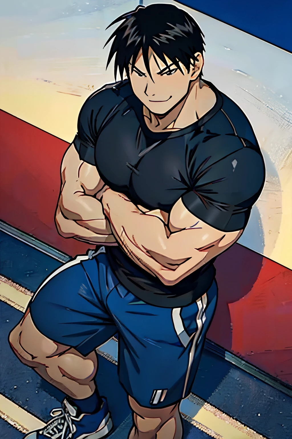 Roy Mustang from Full Metal Alchemist, wearing a black cap, blue sports t-shirt, shorts and sneakers, bodybuilder, smug smile, defined body, abs, big legs, gym, with arms crossed, seem from above