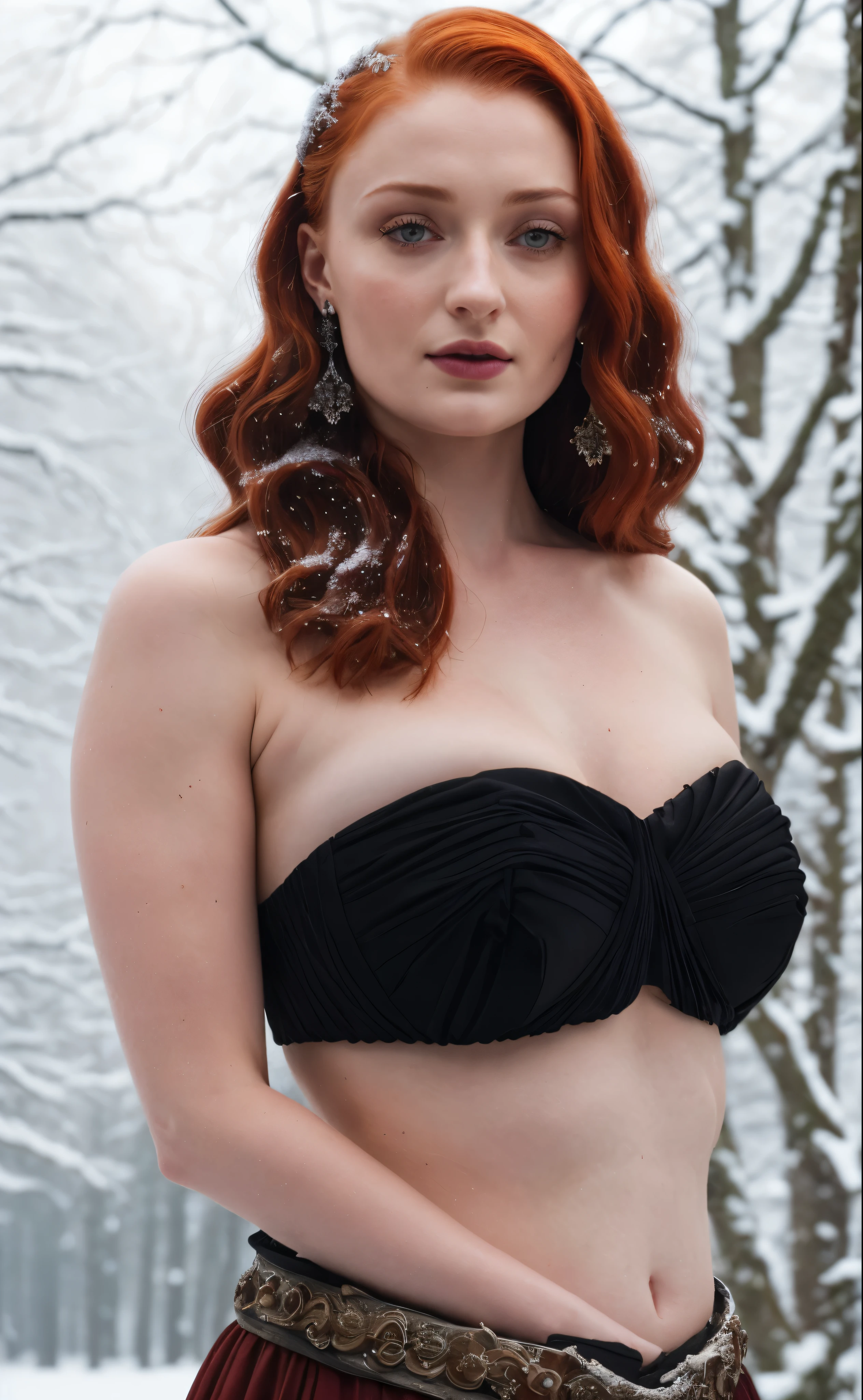 Face of Sophie Turner, Sansa Stark played by Sophie Turner, the de facto Lady of the Eyrie, is a 40-year-old mature queen with a stunning, alluring appearance. Full Face, pierced eyes, reddish lips, upper body shot, erotic Mediaeval costumes, game of thrones costumes, She wears a Game of Thrones-inspired costume and has a deep cleavage, a perfect thick body, and a perfect thick figure. The photograph captures her in a close-up, with her skin texture and facial features being ultra-realistic and realistic. Juicy thick figure, high quality skin, Skin pores, amazing details, snow, snow flakes, semi realistic, extremely detailed eyes, dark moody orange and black settings, cool environment, artificial intelligence, winter, winter scene,