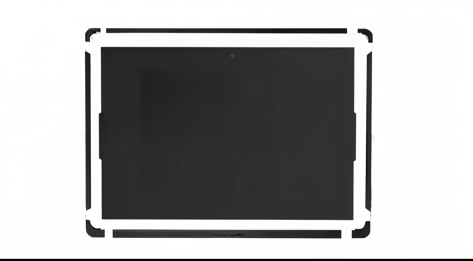 Close-up of black and white photo of tablet, LCD screen, Complete equipment, Flat image, Black screen, Straight Camera View, 2D Top View, panel of black, black Who are you background, The panel is centered, Full page black, Who are you, Screen Image, screen, TV frame, product photo, All content fits on screen, 2D Matte