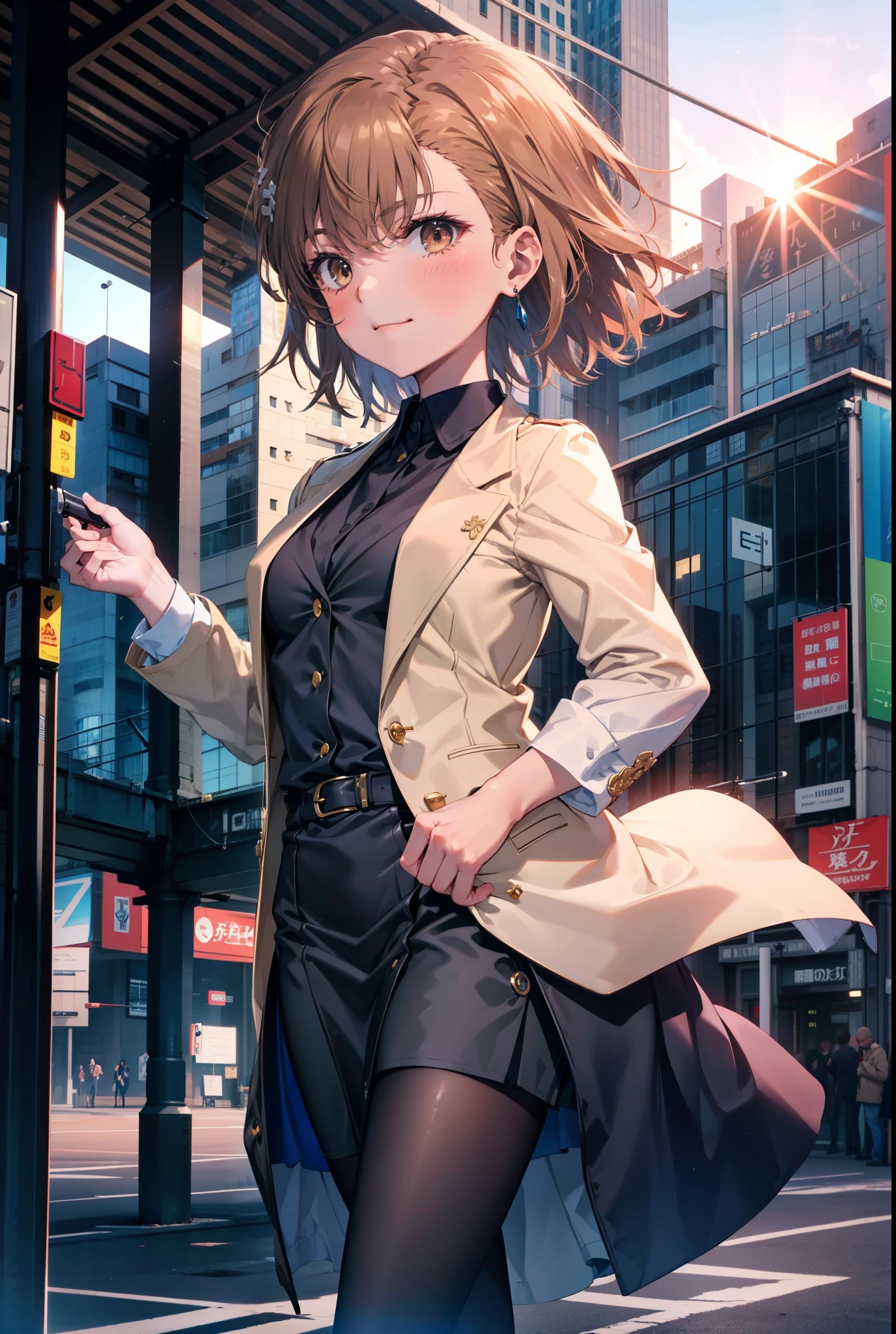 8k,highest quality,masterpiece,(((Pixel Perfect, Perfect in every detail))), 一peopleで, 女の子1people, ,Mycotrose, Brown eyes,Brown Hair,short hair,blush,happy smile, smile, Open your mouth,OL, Black suit jacket, Collared jacket, White dress shirt, Collared shirt, Neckline, button, Black pencil skirt, Black pantyhose,Stiletto heels,sunset,evening,The sun goes down,walking,whole bodyがイラストに入るように,
break outdoors, Building district,crowd, people々々々々,
break looking at viewer, whole body, 
break (masterpiece:1.2), highest quality, High resolution, unity 8k wallpaper, (shape:0.8), (Beautiful details:1.6), Highly detailed face, Perfect lighting, Extremely detailed CG, (Perfect hands, Perfect Anatomy),