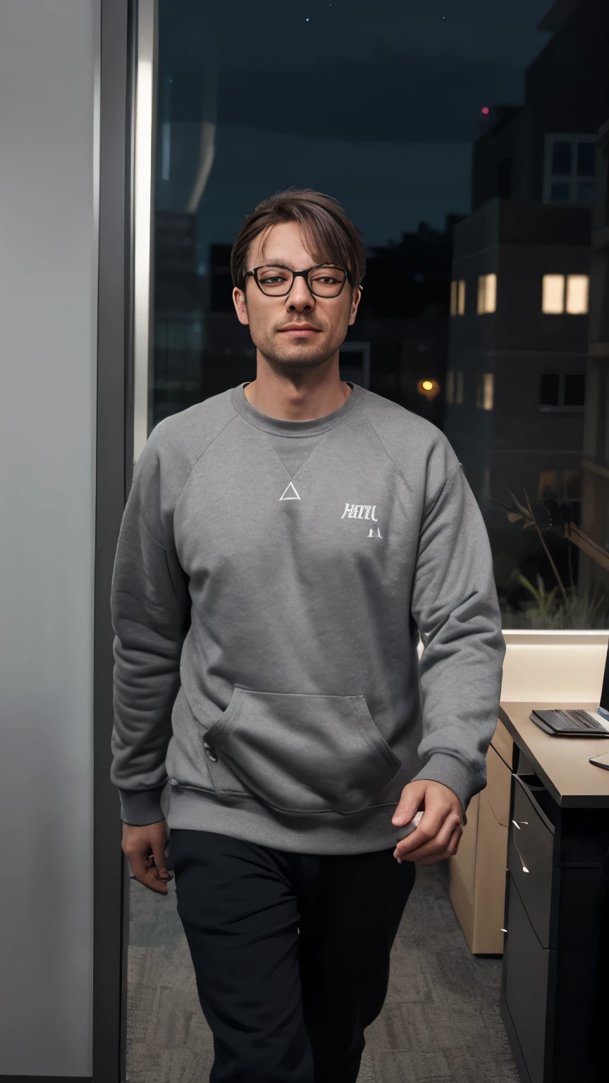 Realistic image of a man with short, gray hair, wearing glasses, wearing a black sweatshirt, eyes closed, walking, mouth ajar, with nothing in his hands, in a night office, night buildings in the landscape through the window