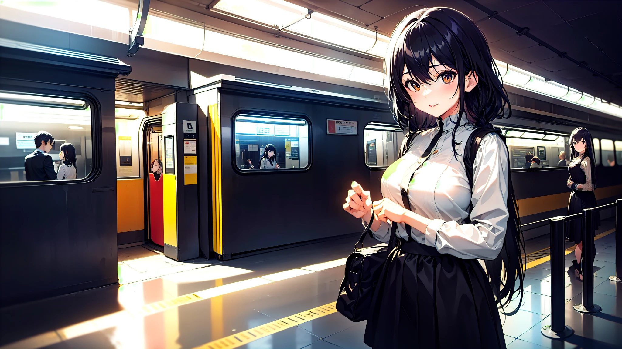 One woman、super quality、Station ticket gates、train、Woman with long black hair、Straight Hair、Nice body、Short skirt、Ultra HD、amazing