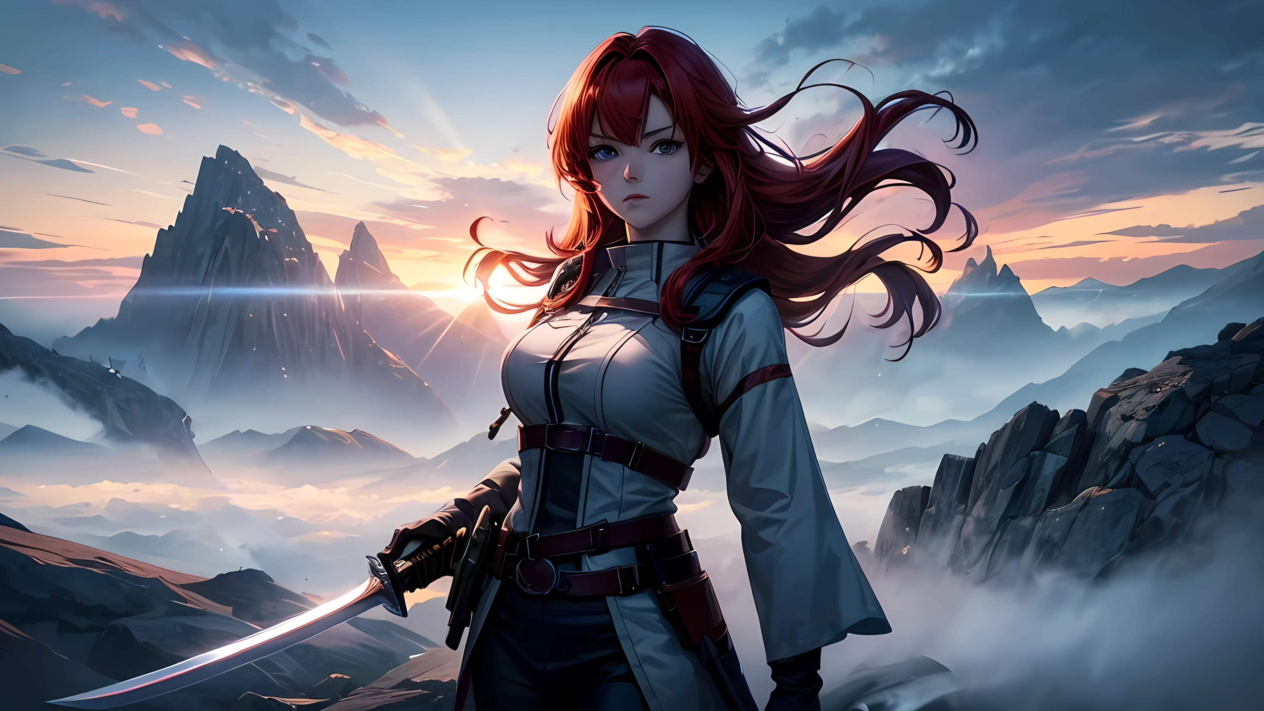 (best quality,4k,8k,highres,masterpiece:1.2),ultra-detailed,realistic,anime,(solo,1.1) anime girl with red hair,holding a reaper sword,mountain background,vivid colors,detailed eyes,detailed lips,longeyelashes,flowing hair,strong and confident expression,dynamic pose,dark and intense lighting,towering mountains in the background,soft sunlight casting shadows,anime-style rendering,subtle color grading,crisp edges,surreal atmosphere,ethereal glow,subtle fog,atmospheric perspective