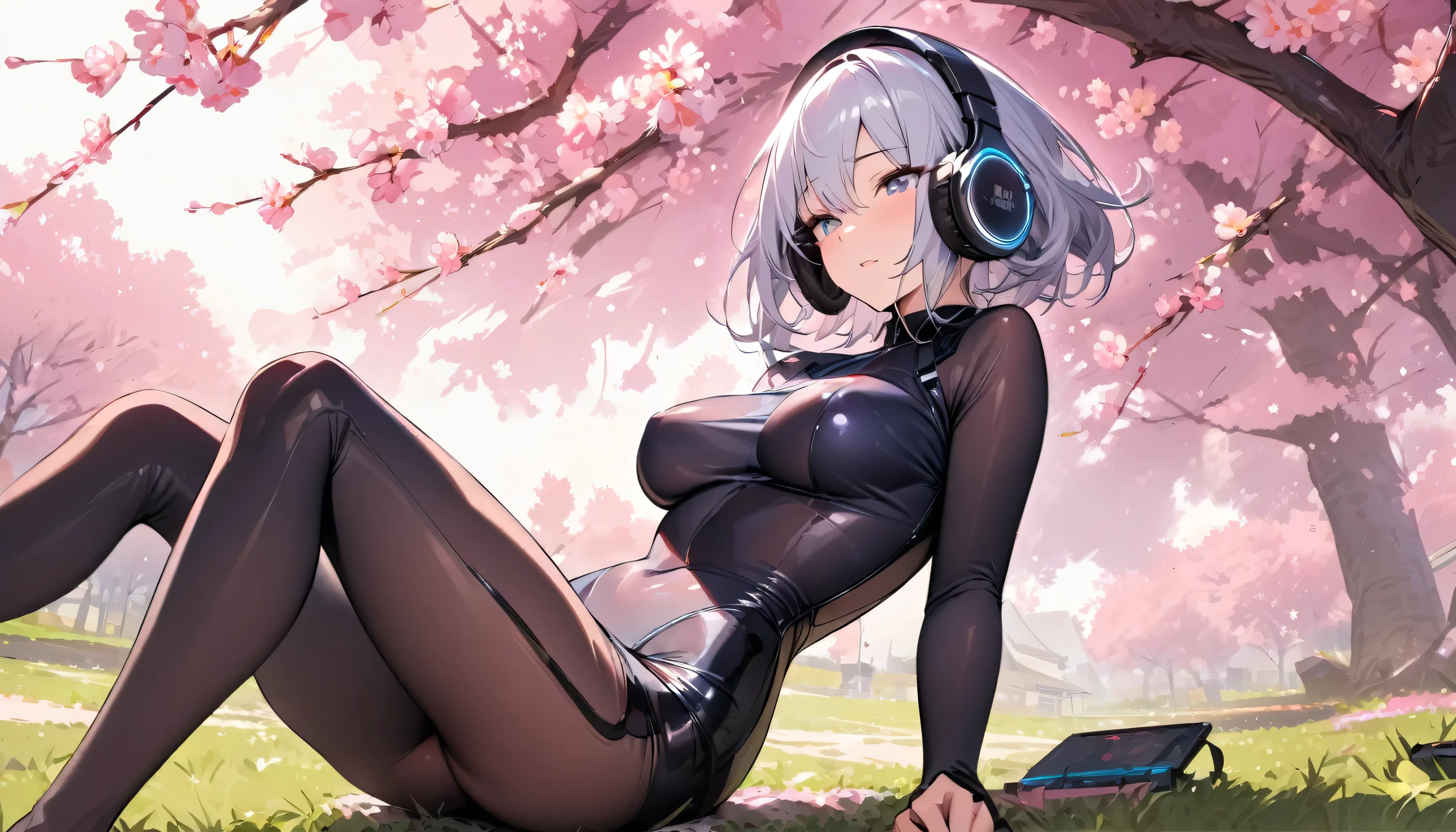 ((Top quality)), ((Masterpiece)), (Details), perfect face, sitting under a cherry tree, listening to music, a woman, wearing headphones, wearing underwear, underwear is transparent, sitting with legs wide open, wearing tight clothes, showing butt and breasts