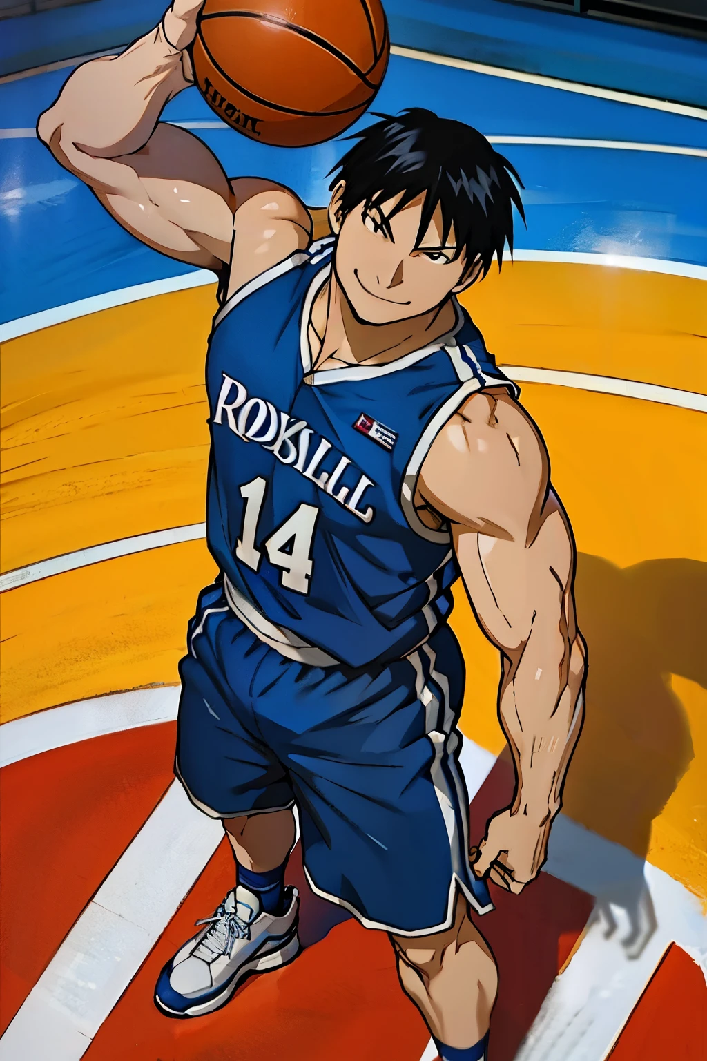 Roy Mustang from Full Metal Alchemist, wearing a basketball uniform, shorts and sneakers, basketball player, smug smile, defined body, muscular, big legs, basketball court, seem from above