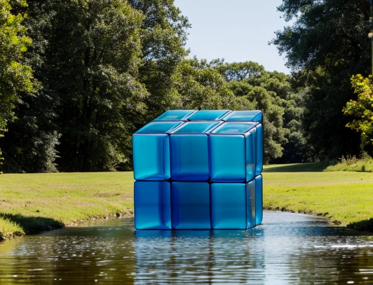 A large, transparent cube, half of which is in water and the other half is floating