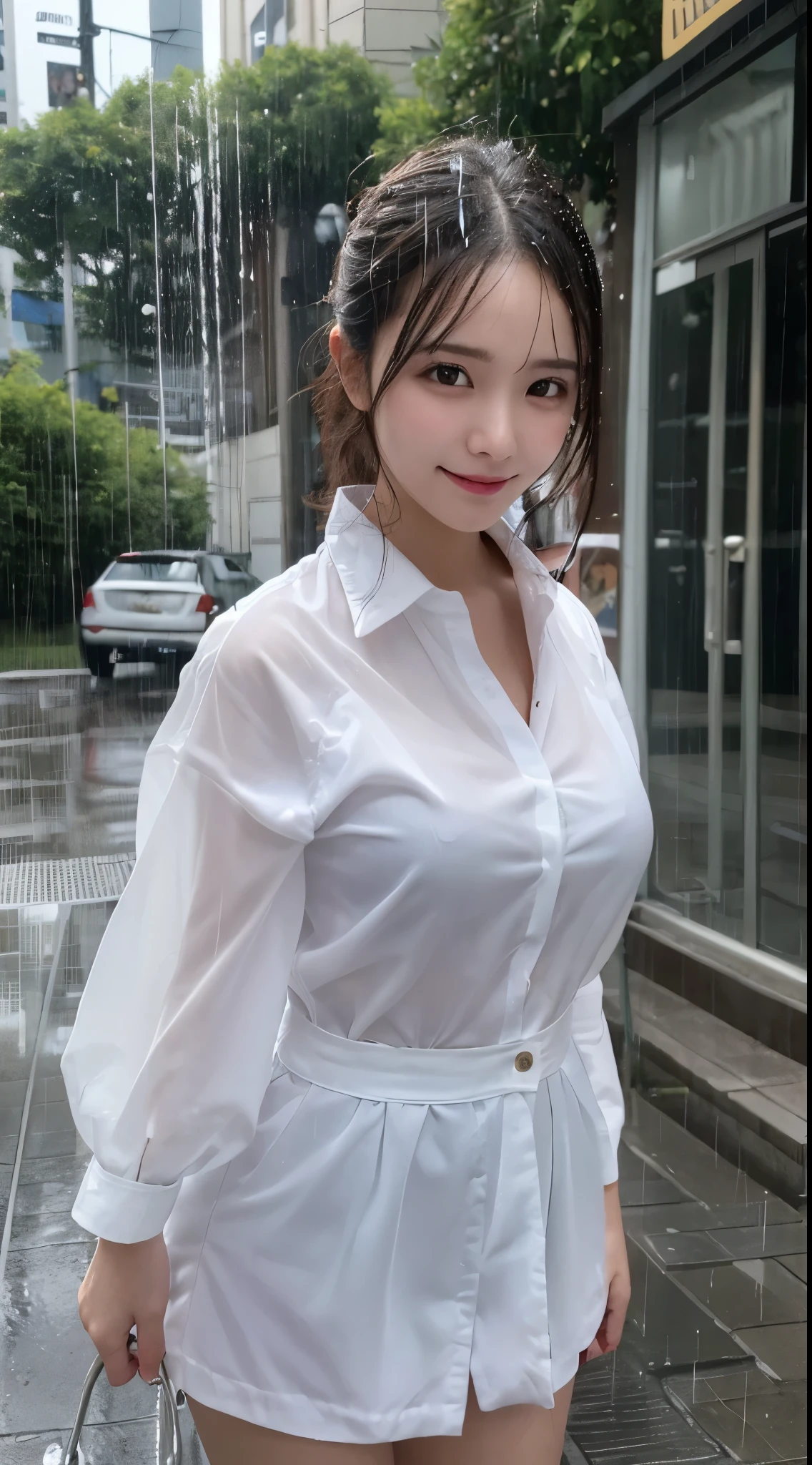 ((heavy rain))、(When the clothes get wet, they become transparent)、Tabletop, highest quality, figure, Very detailed, In detail, High resolution, 8k wallpaper, Perfect dynamic composition, Beautiful fine details, suit,Medium Hair, Big Breasts, Natural color lip, (Calling for help),smile,Aoyama Street Walk、20-year-old girl