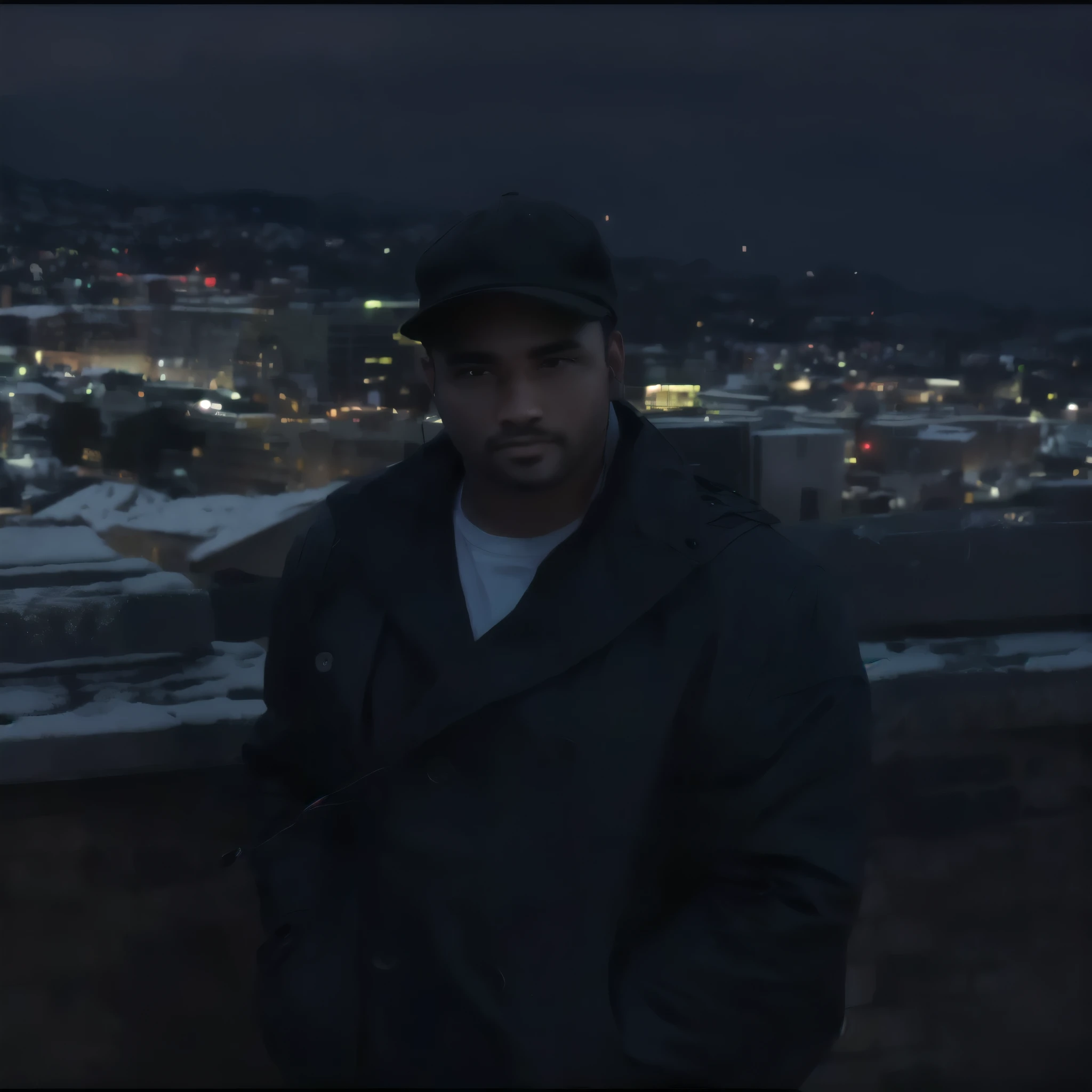 arafed man standing on a ledge in a city at night, street style, realistic