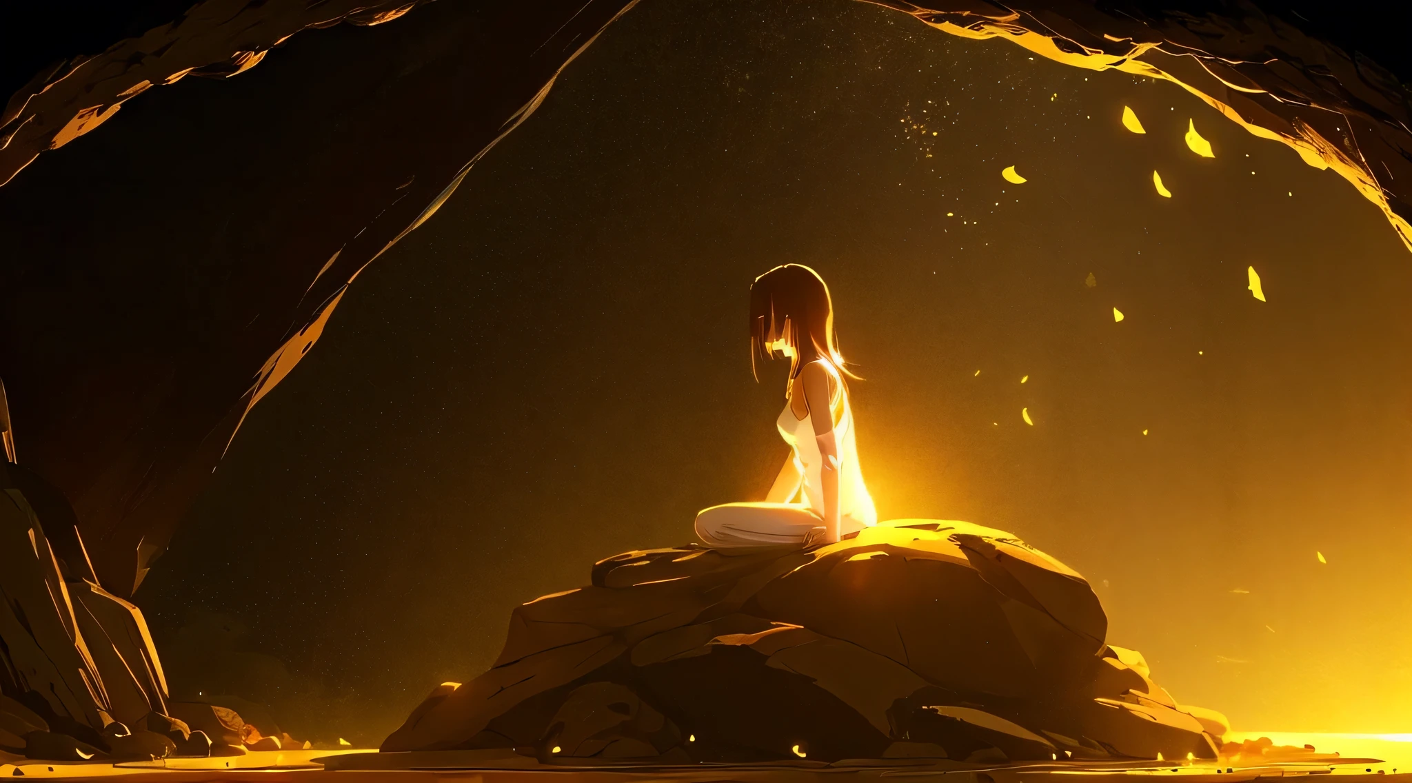 Profile of a beautiful woman meditating in a cave covered in gold dust、Anime character style、In the style of illustrations