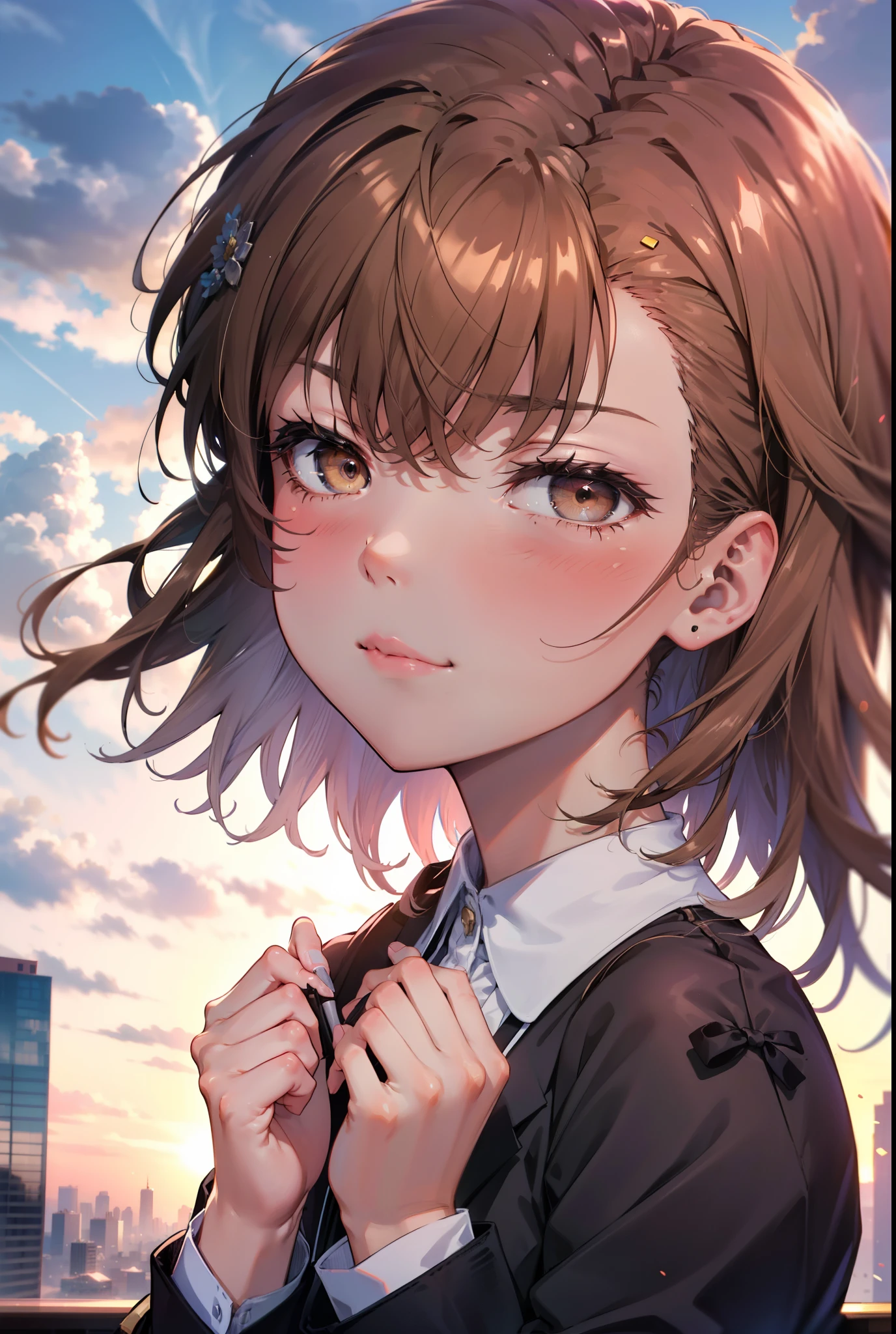 8k,highest quality,masterpiece,(((Pixel Perfect, Perfect in every detail))), 一peopleで, 1people, ,Mycotrose, Brown eyes,Brown Hair,short hair,blush,happy smile, smile, Open your mouth,OL, Black suit jacket, Collared jacket, White dress shirt, Collared shirt, Neckline, button, Black pencil skirt, Black pantyhose,Stiletto heels,sunset,evening,The sun goes down,walking,whole bodyがイラストに入るように,
break outdoors, Building district,crowd, people々々々々,
break looking at viewer, whole body,
break (masterpiece:1.2), highest quality, High resolution, unity 8k wallpaper, (shape:0.8), (Beautiful details:1.6), Highly detailed face, Perfect lighting, Extremely detailed CG, (Perfect hands, Perfect Anatomy),