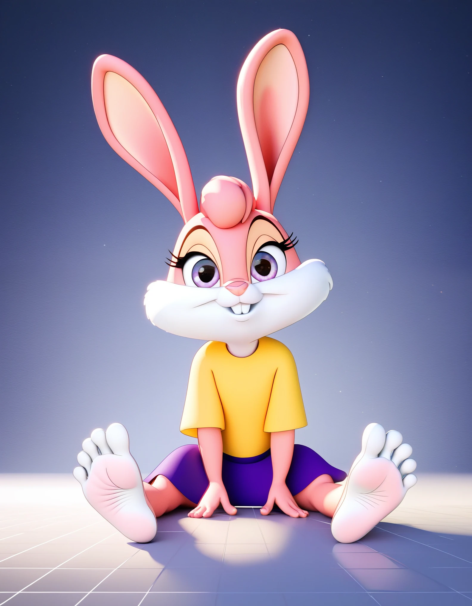 score_9, score_8_up, score_7_up, source_furry, rating_safe, concept art solo, cute, cub, Babs, bunny, girl, sly expression, Pink eyelids, rabbit teeth, pink nose, pink body, pink head, pink ears, pink legs, white cheeks, white feet, white tail, ears drooping, lop-eared, yellow T-shirt, purple skirt, purple bows on the ears, modest, thoughtful, naive, (((sitting on floor))), (((focus on feet))) feet facing viewer, (((showing soles))) erotic pose,Perspective)),(Full-Length Shot:1.3),(Cinematic:1.3), (AS-YoungV2:1.3),
masterpiece, high quality, best quality, manga style, anime style, 8k, 4k, texture, intricate, detailed background, 3d fluffy, long fuzzy fur, glow effect, particle effects, light particles, dramatic, hot body, body blush,
solo, solo focus, pov, looking at viewer
