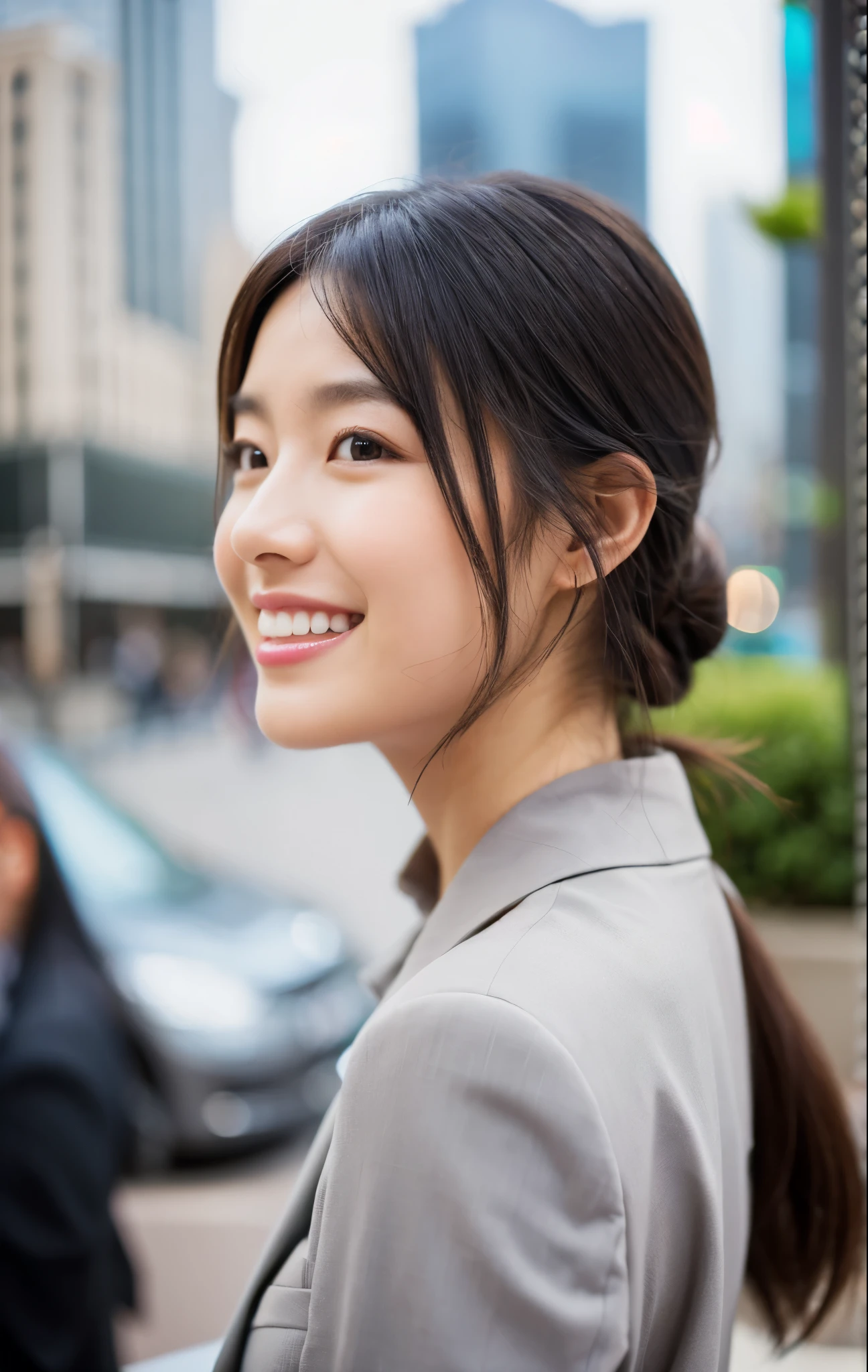 NSFW,table top,(Super high quality),japanese girl,Delicate face during lunch,delicate skin,delicate nose,delicate lips,delicate hair,beautiful face,angle facing the viewer,laugh and have fun,stylish cafe,beautiful cityscape,smooth semi-long chignon,delicate eyes(Eyes like the real thing),gray business suit,Around 24 years old,Good weather,professional lighting,