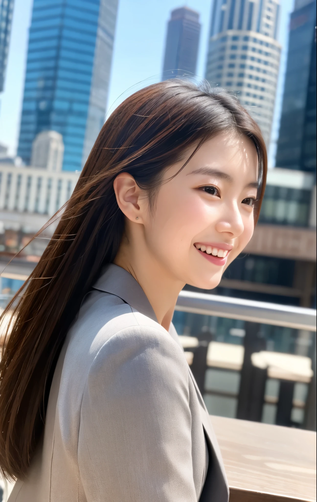 NSFW,table top,(Super high quality),japanese girl,Delicate face during lunch,delicate skin,delicate nose,delicate lips,delicate hair,beautiful face,angle facing the viewer,laugh and have fun,stylish cafe,beautiful cityscape,smooth semi-long chignon,delicate eyes(Eyes like the real thing),gray business suit,Around 24 years old,Good weather,professional lighting,