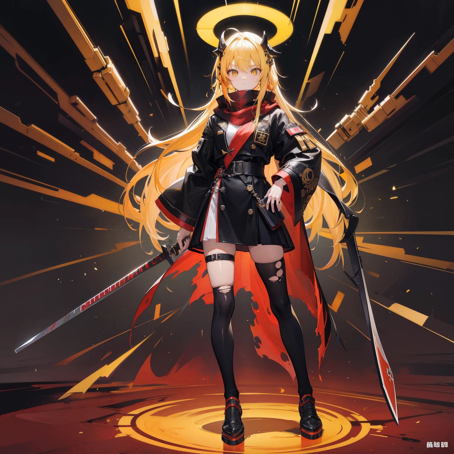 (masterpiece, highest quality), (Detailed Hair), Very detailed, Anime Style, whole body, alone, Concept Art, Science Fantasy Combat Girl, Neck-length black and yellow hair, Golden Eyes, His right hand has been modified into a deadly cybernetic claw.. Black jacket, Torn red scarf, Cyber Horned, Wearing tabi socks, White Background, whole body, Standing in the wasteland,Very beautiful samurai