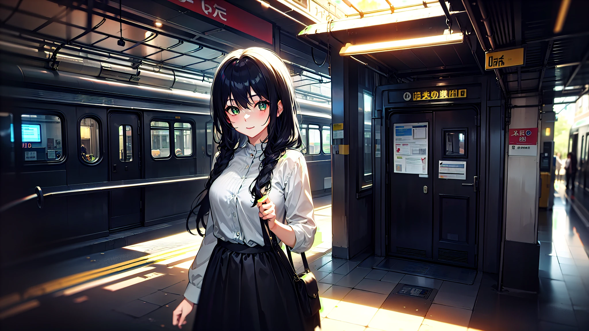 One woman、super quality、Station ticket gates、train、Woman with long black hair、Straight Hair、Nice body、Short skirt、Ultra HD、amazing