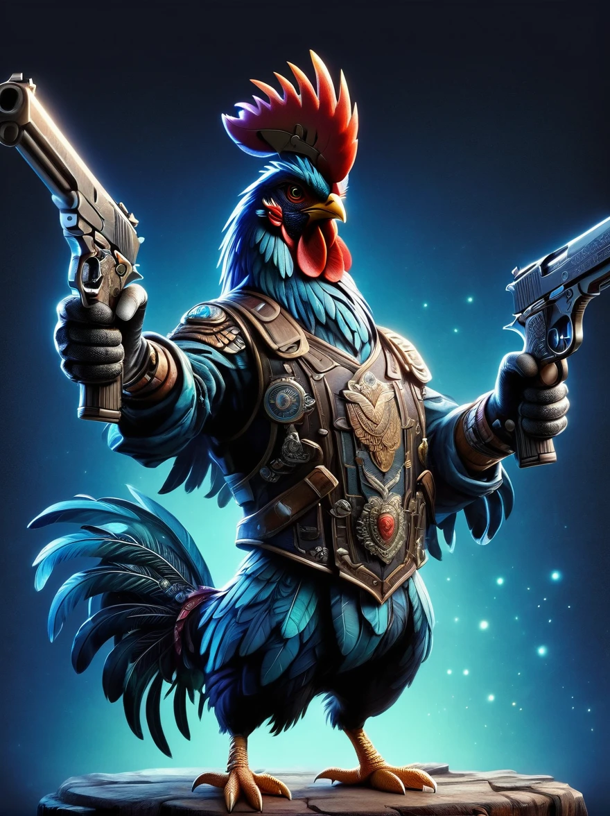 (personification:1.5)，(Vision:1.5)，(whole body:1.5)，(Animated image of a rooster holding two pistols)，The rooster shows a fearless expression，Hold the gun tightly，Its feathers are vibrant multi-colored hues，The pistol is black and silver，The background is a simple and rustic rural environment，Rolling hills and clear blue skies