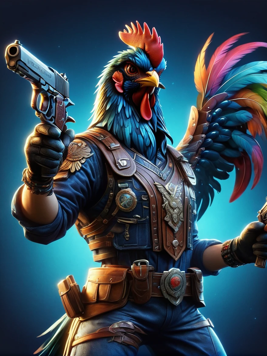 (personification:1.5)，(Vision:1.5)，(whole body:1.5)，(Animated image of a rooster holding two pistols)，The rooster shows a fearless expression，Hold the gun tightly，Its feathers are vibrant multi-colored hues，The pistol is black and silver，The background is a simple and rustic rural environment，Rolling hills and clear blue skies