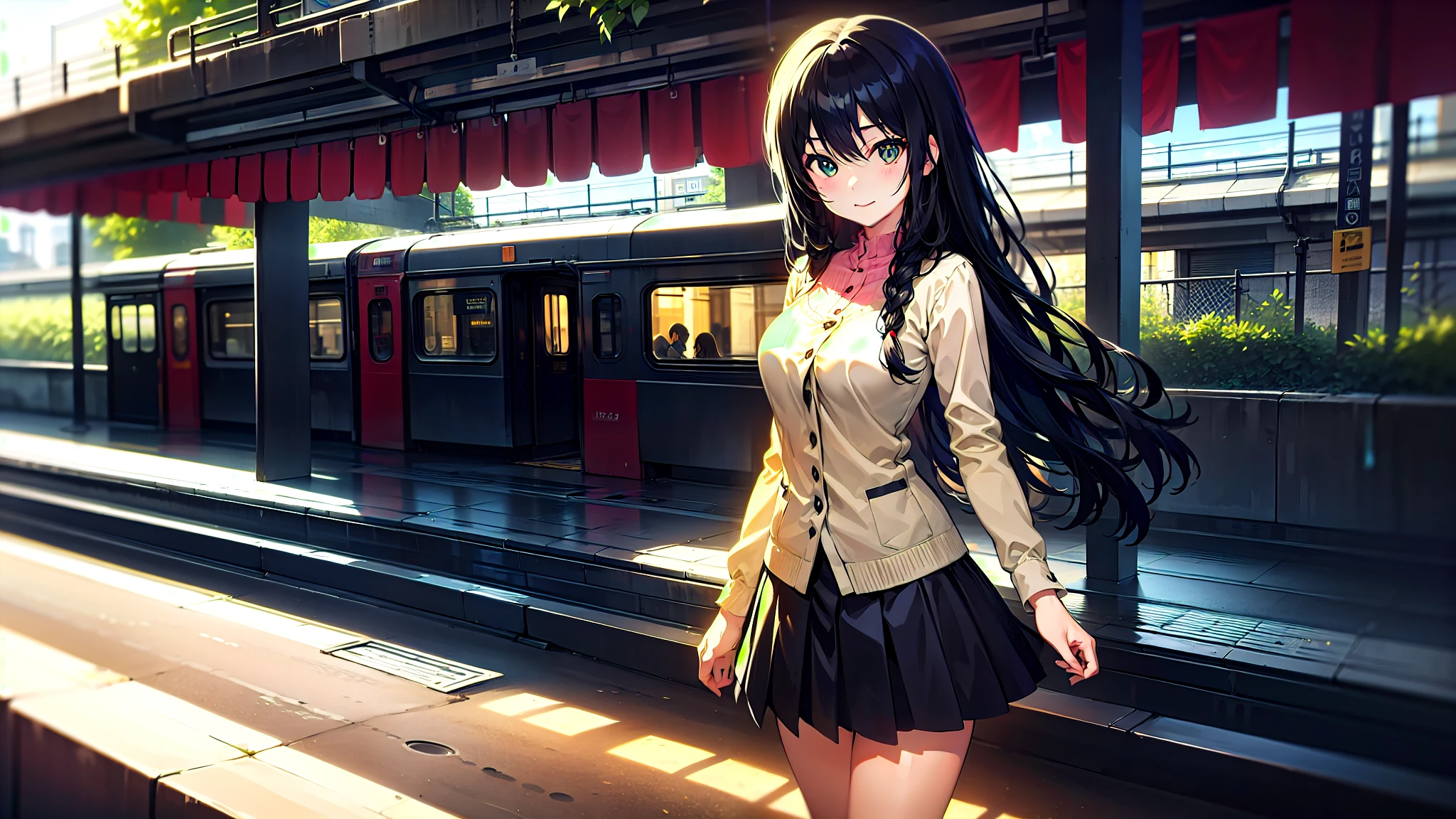 One woman、super quality、Station ticket gates、train、Woman with long black hair、Straight Hair、Nice body、Short skirt、Ultra HD、amazing