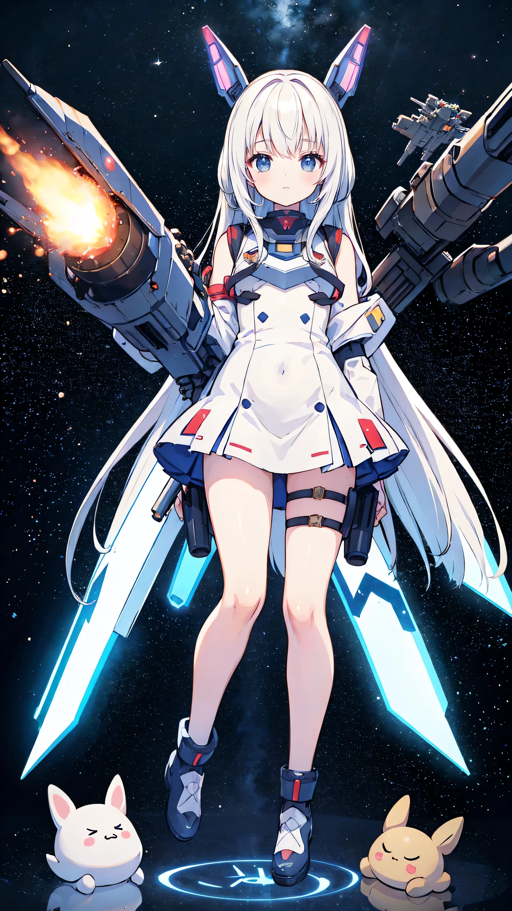 Very cute space battleship girl、3 people、Weapon equipment、All missiles fired、