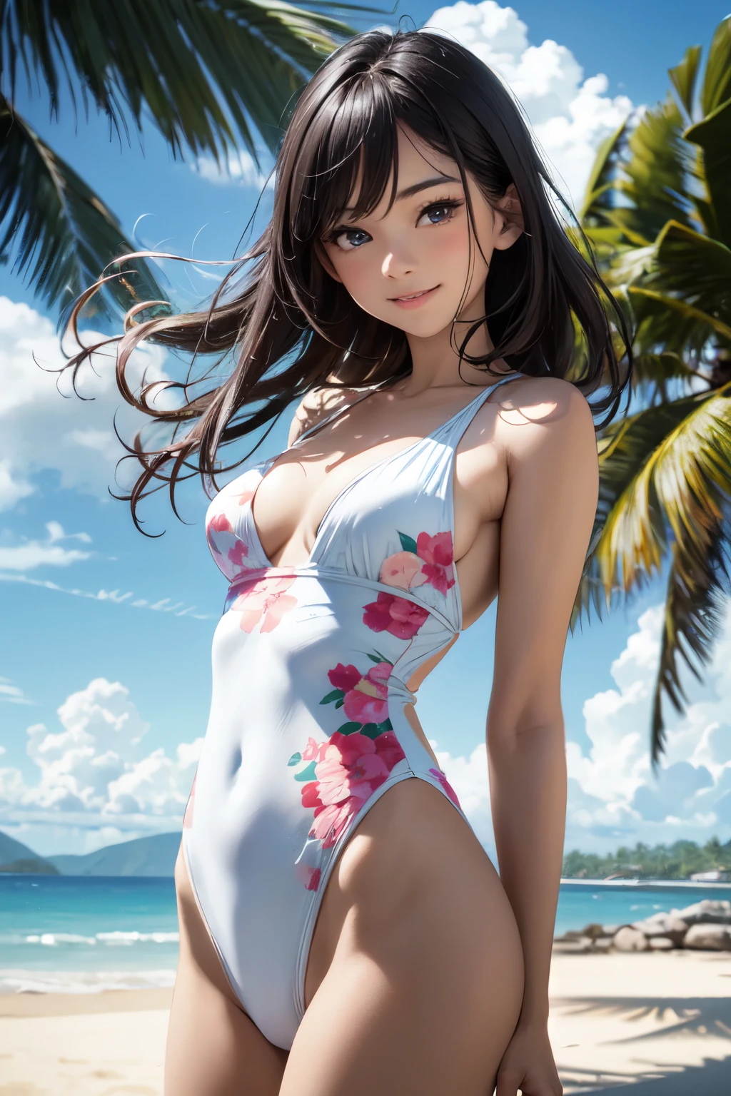 very cute and beautiful girl,(highly detailed beautiful face and eyes),one-piece floral print white swimsuit,
standing,arms behind back,looking at viewer,beach,tropical resort hotel,(smile),black hair,
(best quality,masterpiece),absurdres,highres,ultra-detailed,extremely detailed,32k,
cinematic scene,detailed background,solo,dynamic angle, hair fluttering in the wind,beautiful detailed sky,