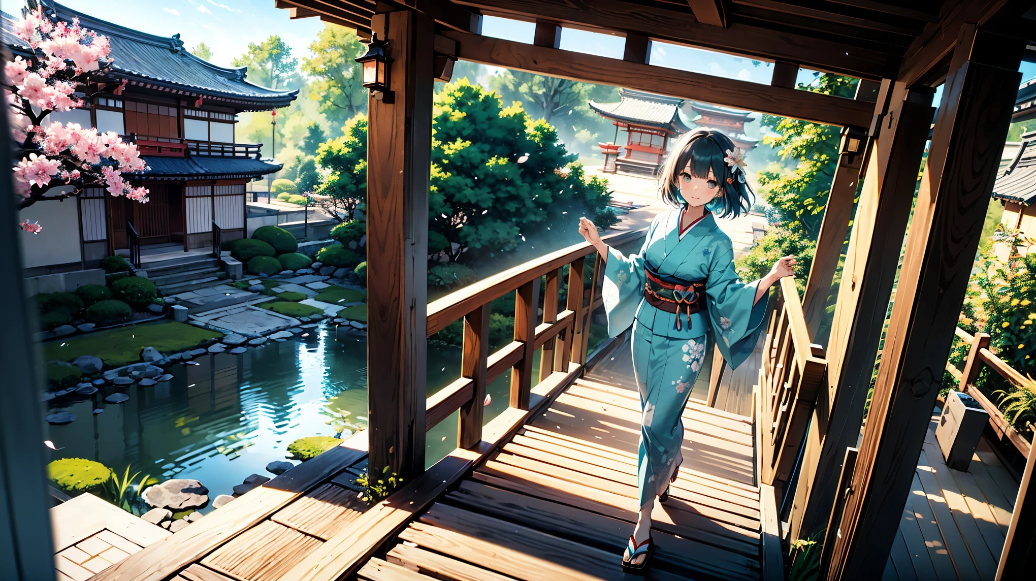 1girl, solo, from above, (white lily flowers), aesthetic, intricate, best quality, detailed background, Sayaka Miki, ((girl wearing a patterned teal kimono:1.2)), (walking in zen garden),  casual pose, detailed textures, posing, floral print, hair flower, hair ornament, japanese clothes, kimono, obi, outdoors, pagoda, petals, (teal kimono), sash, shrine, sky, stone stairs, torii, wide sleeves, yukata