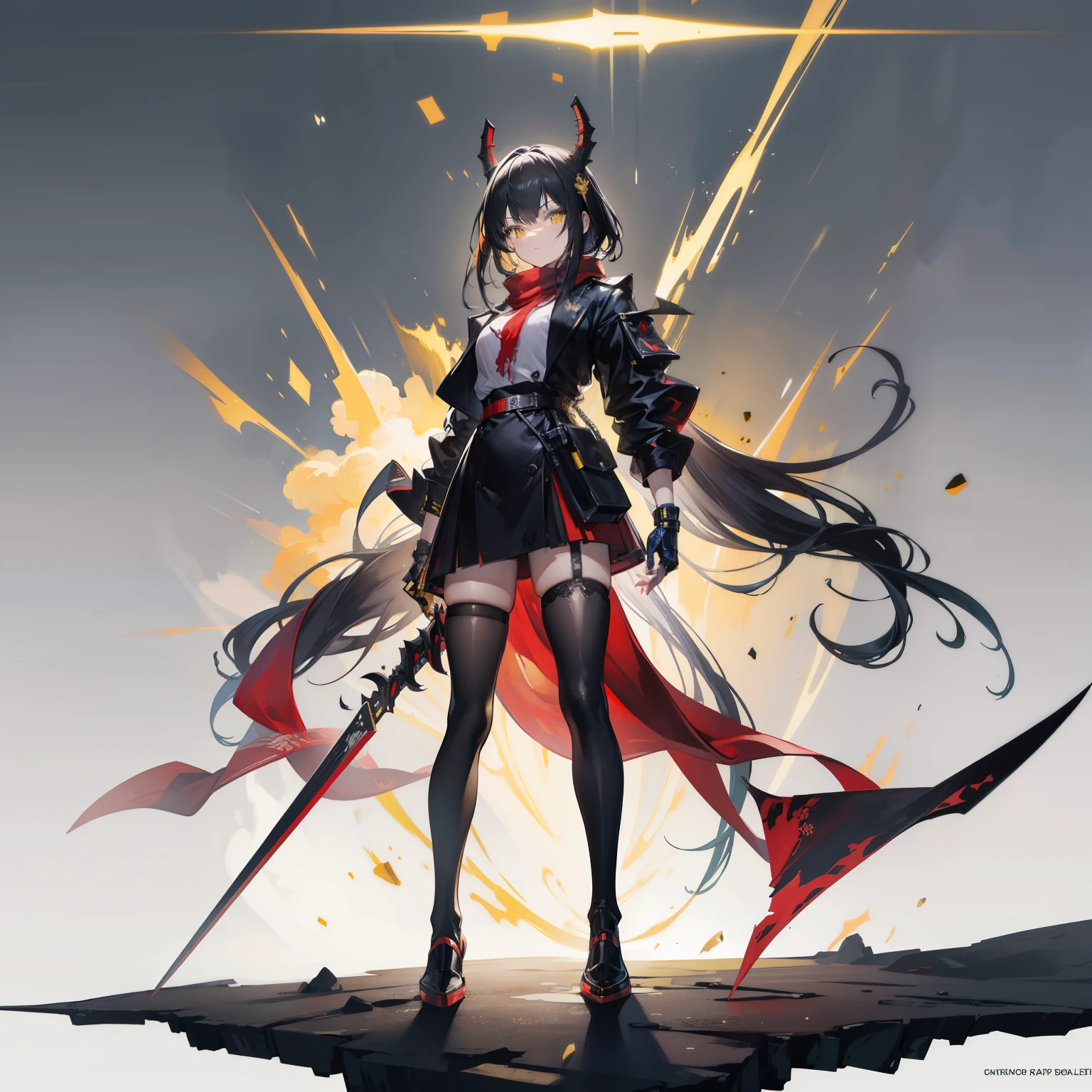 (masterpiece, highest quality), (Detailed Hair), Very detailed, Anime Style, whole body, alone, Concept Art, Science Fantasy Combat Girl, Neck-length black and yellow hair, Golden Eyes, His right hand has been modified into a deadly cybernetic claw.. Black jacket, Torn red scarf, Cyber Horned, Wearing tabi socks, White Background, whole body, Standing in the wasteland,Very beautiful samurai