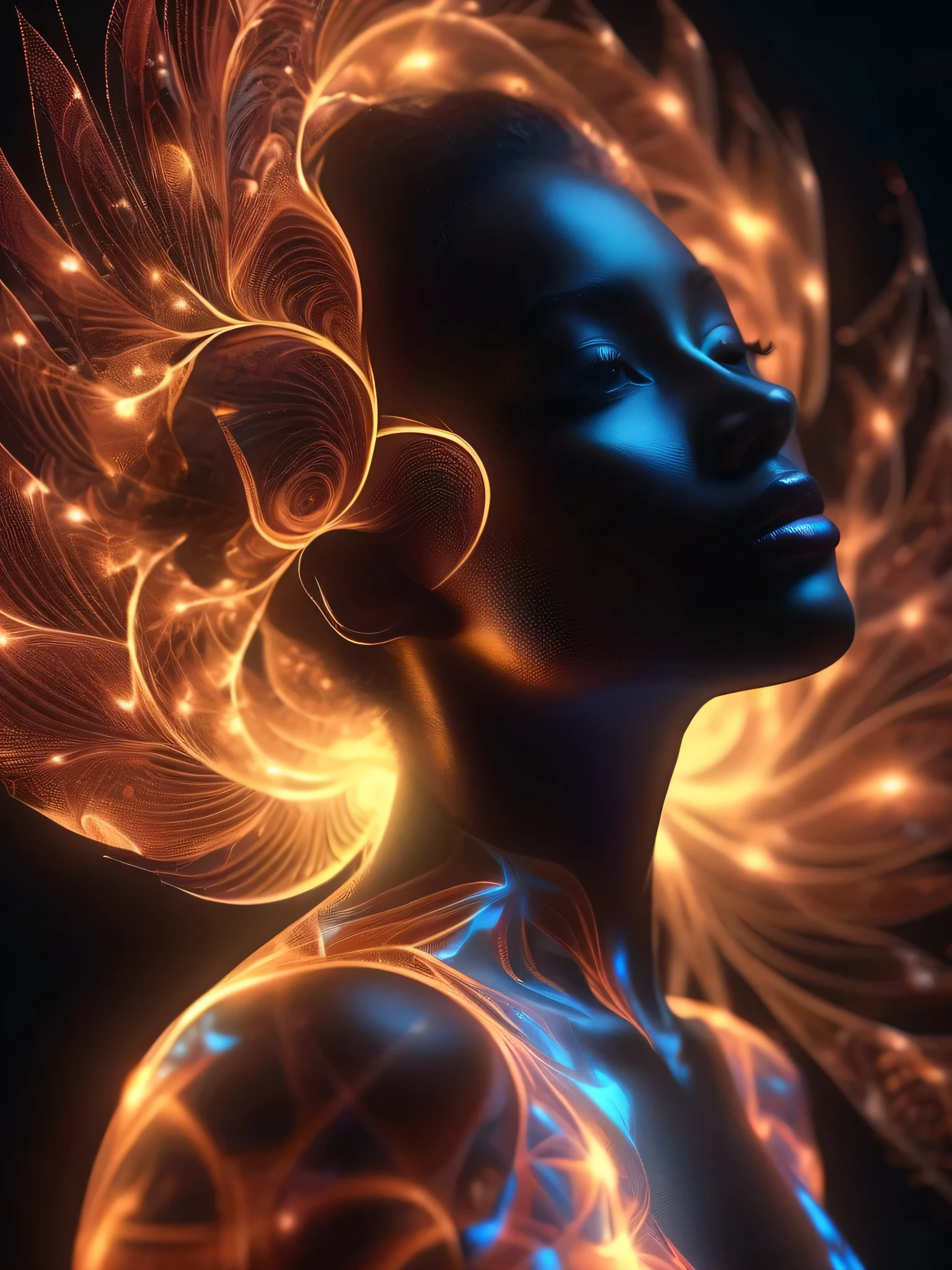 woman with glowing translucent fractal skin, Whole body, swirling organic patterns, bright, ultra HD, Bright colors, perfect composition, soft natural volumetric cinematic lighting, Amazing shadows, Black silhouette, Volumetric light,