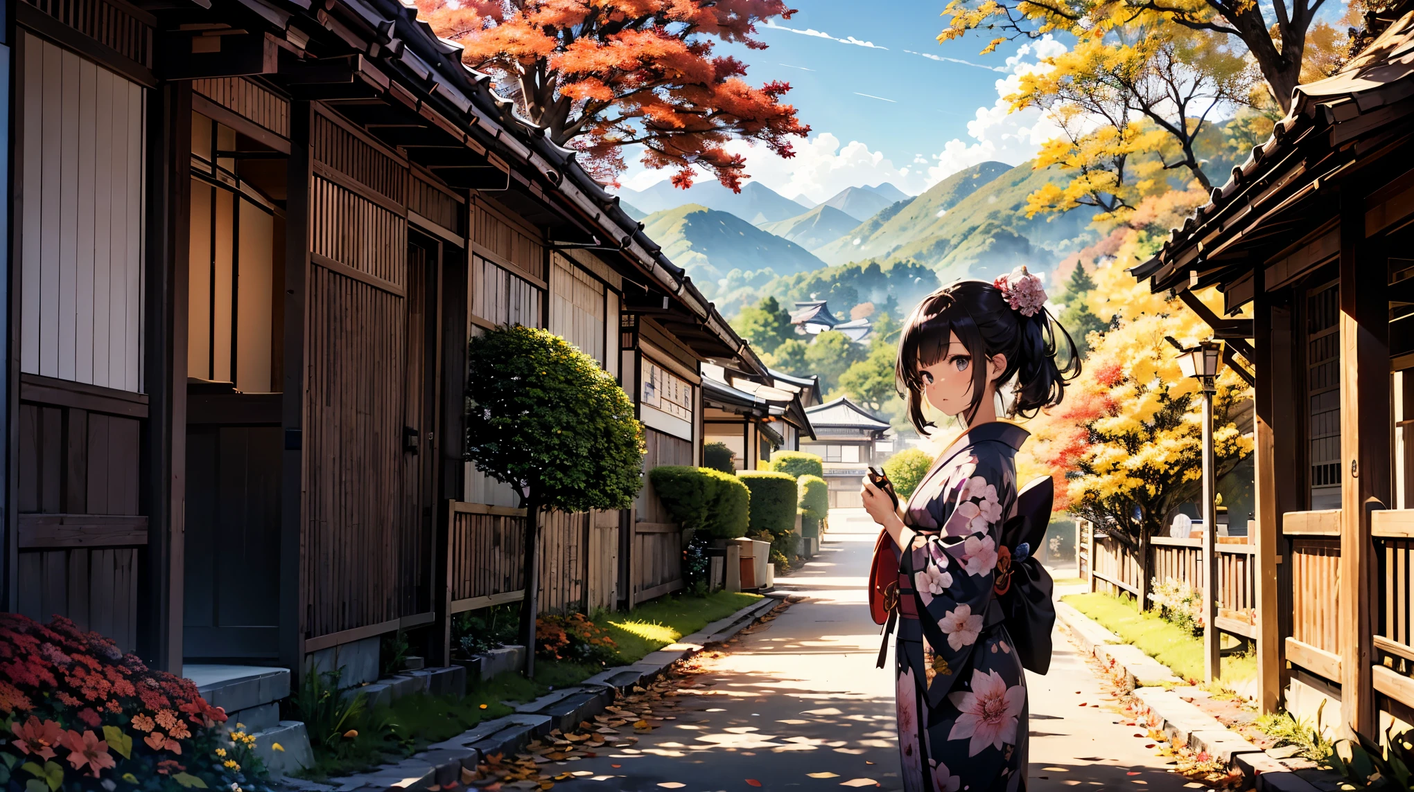 Official Art, Beautiful woman, Kyoto, draw a kimono, Black Hair, Topknot, Flower kanzashi, Cowboy Shot, Outdoor, autumn, autumn leaves, Flower Field, path, Distant Mountain々is changing color