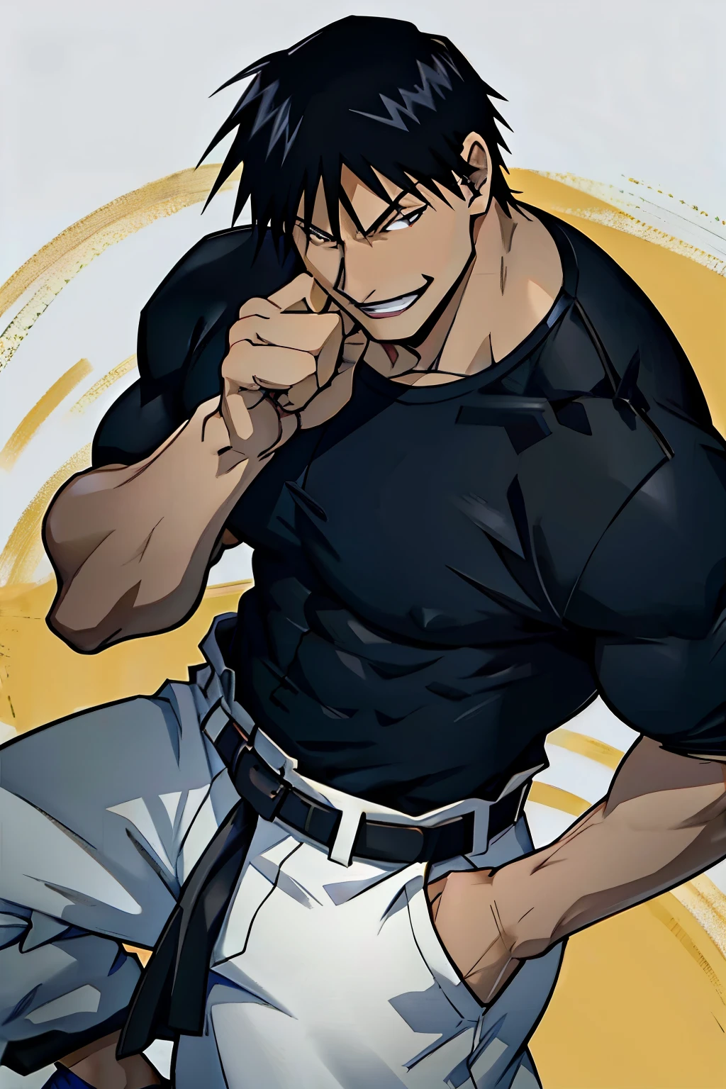 Roy Mustang from Full Metal Alchemist, disguised as Toji Fushiguro, wearing tight-fitting black shirt and sports tan baggy training white pants with a black belt weaved through the waist and black martial arts slippers, bodybuilder, smug smile, defined body, seem from above