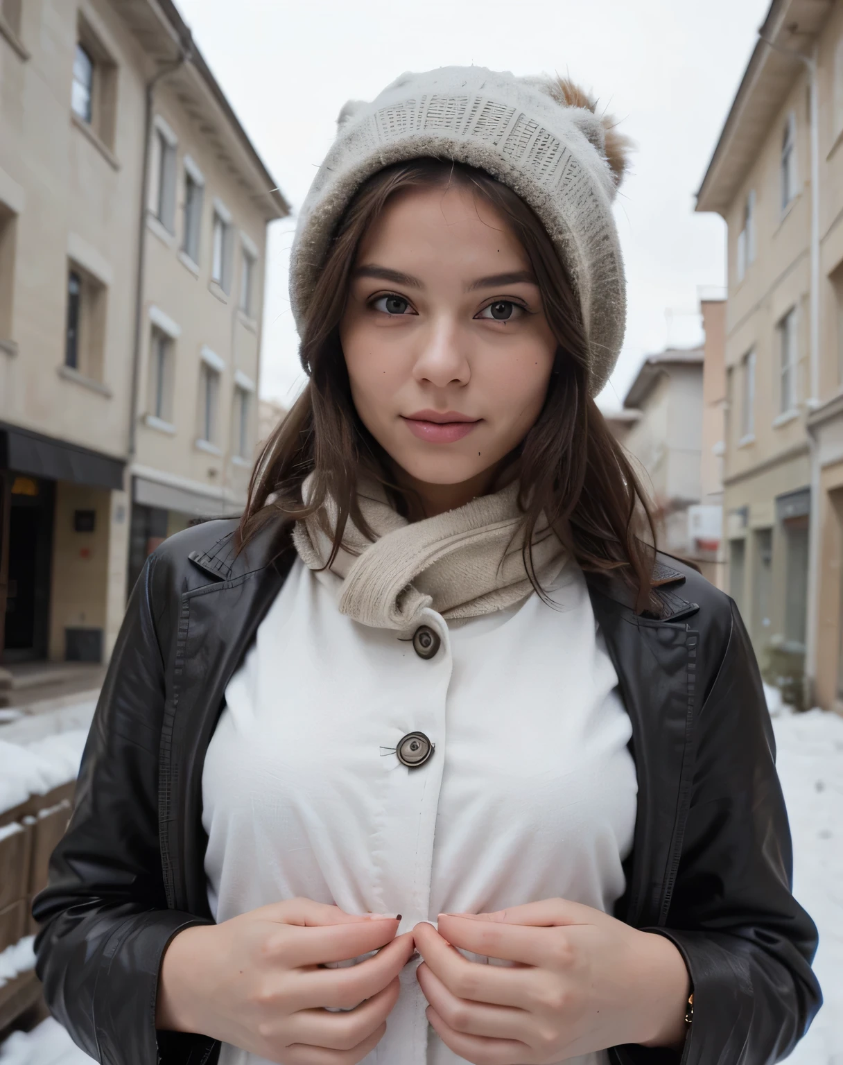 Jolie belle brune européenne sexy aux yeux vert clair, 22 ans, 

girl is wearing warm hiver coat, foulard, bonnet, il neige dehors, hiver, frozen lake, Full body view, il fait très froid dehors, 

visage innocent, longueur du visage 1.3 fois la largeur du visage, yeux en amande, square face shape, pommettes saillantes, naturally wavy hair, yeux vert clair, High resolution, chef-d&#39;artwork, best quality, intricate details, Very detailed, sharpness, detailed skin, Realistic skin texture, texture, Detailed eyes, professionnel, 4k, sourire charmant, shot with Canon, profondeur de champ, Couleur de vision Kodak, corps parfaitement ajusté, extremely detailed, Photo_\( ultra\), PhotoRealistic, Realistic, Post-traitement, maximum details, roughness, vrai vie, ultraRealistic, Photorealism, Photography, 8k euh, Photography
