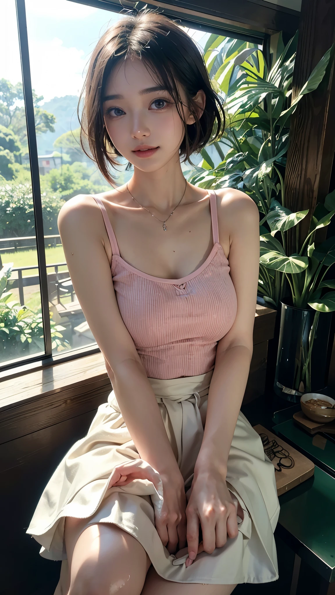 (highest quality、8k、32k、masterpiece、Hmph:1.45)、Cute Japanese Women Photos、Soft looking breasts、No bra、Ample breasts,(((The background is in the fresh green forest)))、((Passion pink short cut))、Face Focus、White T-shirt、necklace、From above、Looking at the audience、((I'm showing my teeth and smiling))、Dynamic Shadows、blonde、Wet shiny hair、Shine, Watery eye、