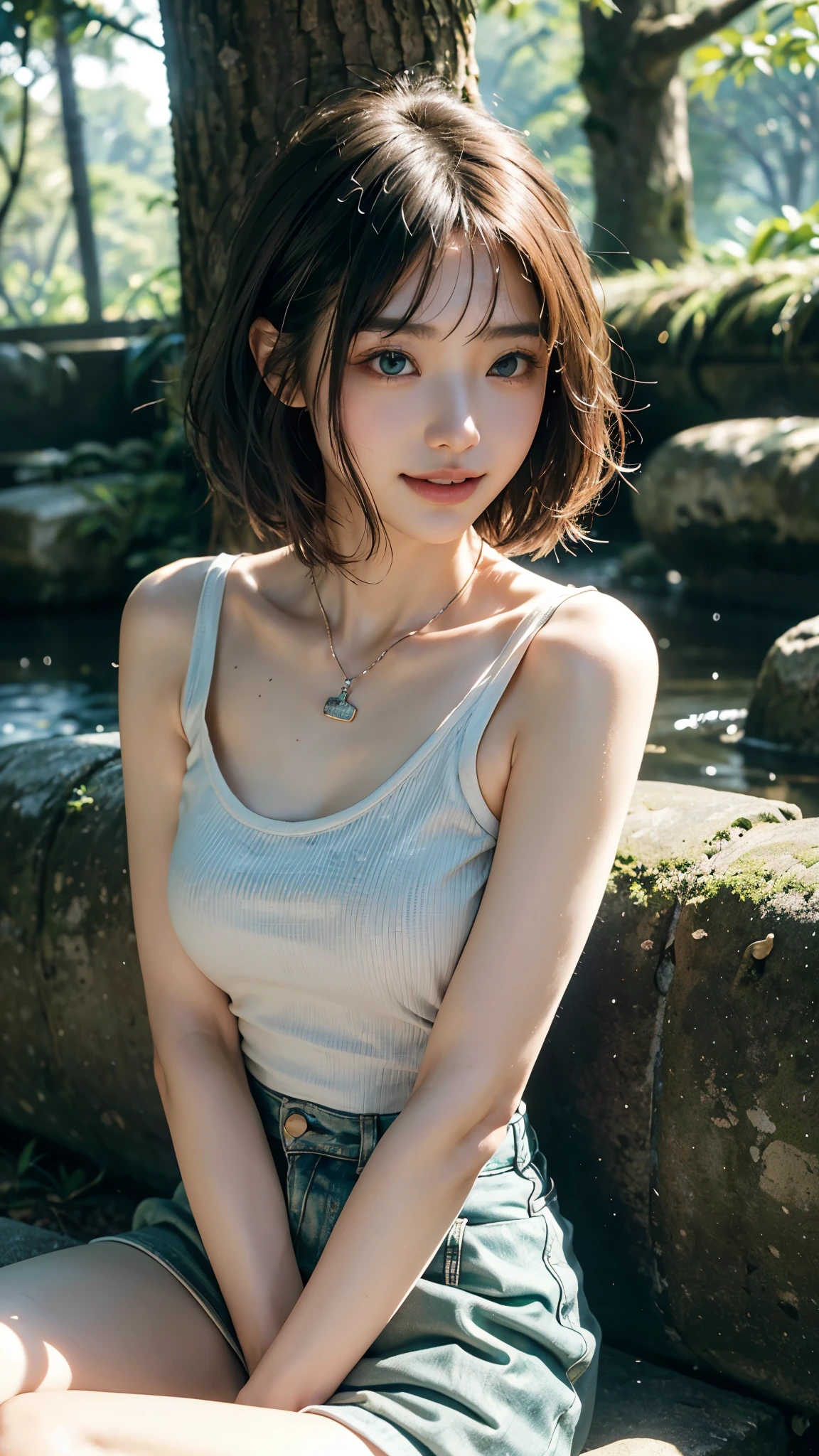 (highest quality、8k、32k、masterpiece、Hmph:1.45)、Cute Japanese Women Photos、Soft looking breasts、No bra、Ample breasts,(((The background is in the fresh green forest)))、((Passion pink short cut))、Face Focus、White T-shirt、necklace、From above、Looking at the audience、((I'm showing my teeth and smiling))、Dynamic Shadows、blonde、Wet shiny hair、Shine, Watery eye、