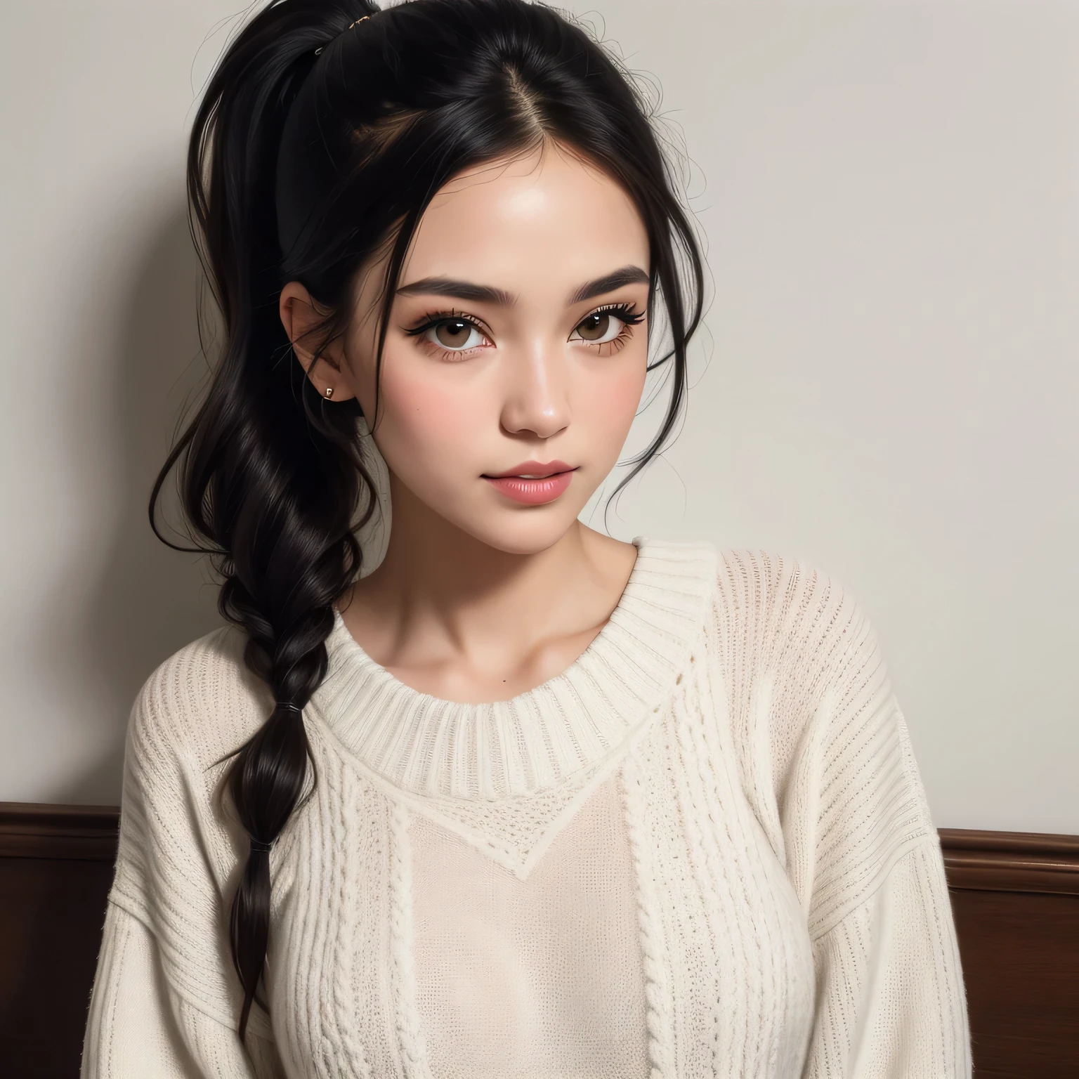 (best quality, highres:1.2), ultra-detailed, realistic:1.37, portraits, seductive gaze,detailed beautiful eyes,detailed long eyelashes,detailed lips,parted lips,intense blush,soft smile,soft smile and gaze,sexy woman, ponytail hairstyle, black hair,luscious black hair,cute ponytail,green sweater,cream cargo pants, medium chest, perfect body