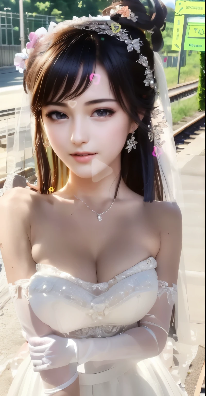 (((Pixel Perfect, Perfect details))), Solitary, 1 girl，bride, yuigahama yui， Keep your mouth shut，pink glossy lips,穿著bride禮服的特写,Gulwitz, (((bride頭紗)))，（Transparent short veil），blush，Eyeshadow，Blushing face，Head flower，headgear，((Bouquet))，((((tube top wedding dress))))，(((Strapless Wedding Dress))),(Bare shoulders)，Pure white dress，(((necklace)))，((earrings))，(large breasts:1.3)，Bangs，Lipstick，((White long elbow gloves)),Half-length photo,High Detail RAW Color Art,White long skirt,There is a railway track next to it，(standing on the railroad tracks:1.3),18 years old, （Long twin tails：1.5）,(Double bun:1.5), Black Hair,night,Rainy Day