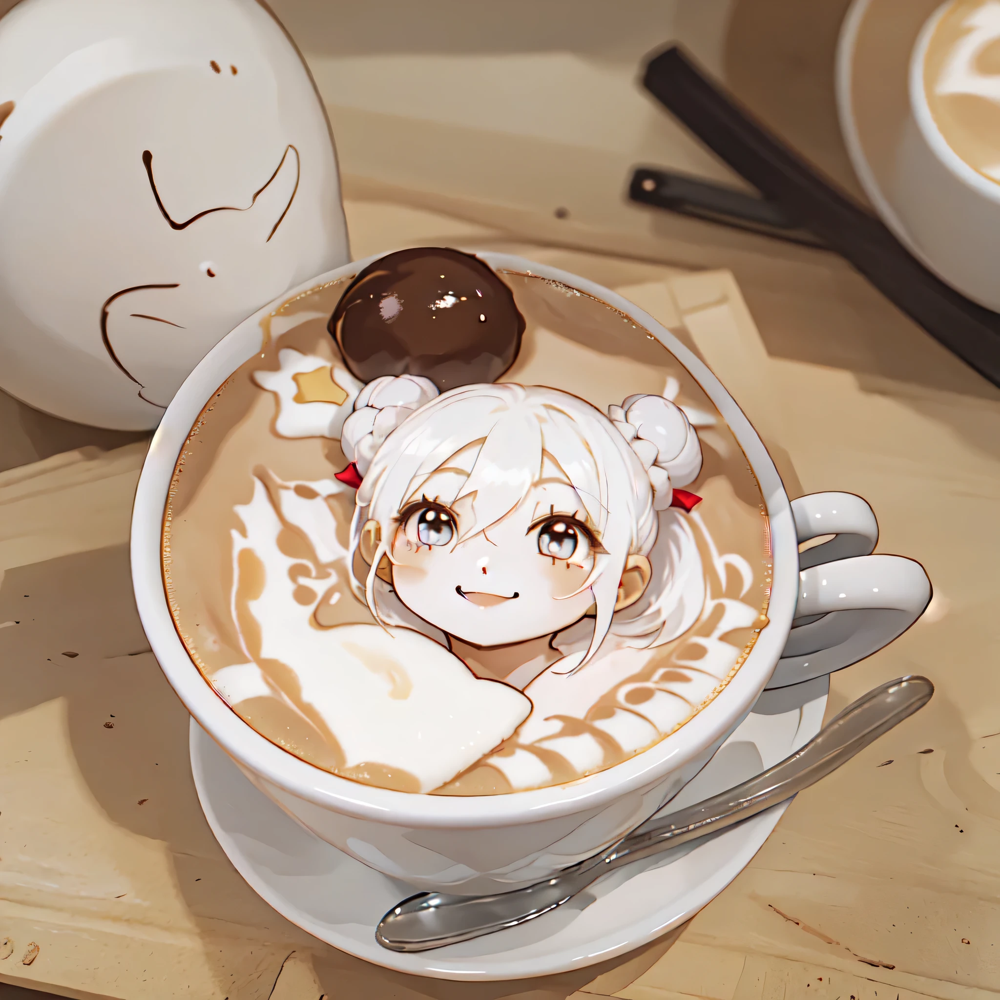 (((Very detailed))), high quality, masterpiece, beautiful, coffee, Latte, (((LatteArt))), (((Food art))),One girl, human, (Hair Ribbon:0.4),(((White bun hair))),Long Hair,Hair between the eyes,smile