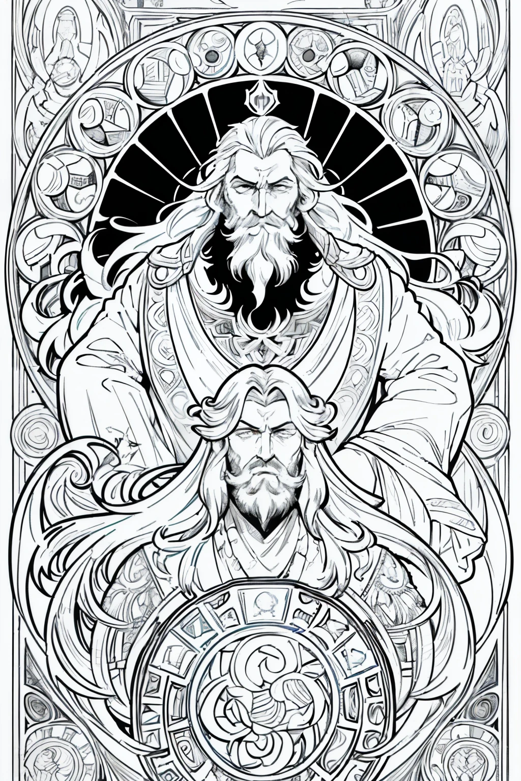 Portrait of a European man's face, long black hair, thick but neat beard, sharp eyes, frame, decorative panels, Abstract art by Alphonse Mucha, sketches, outlines of characters and scenes without color and shadow. (Masterpiece, Best Quality, High Resolution: 1.4), Detailed, Intricate Details, 4K, color splash, line art, fibonacci,