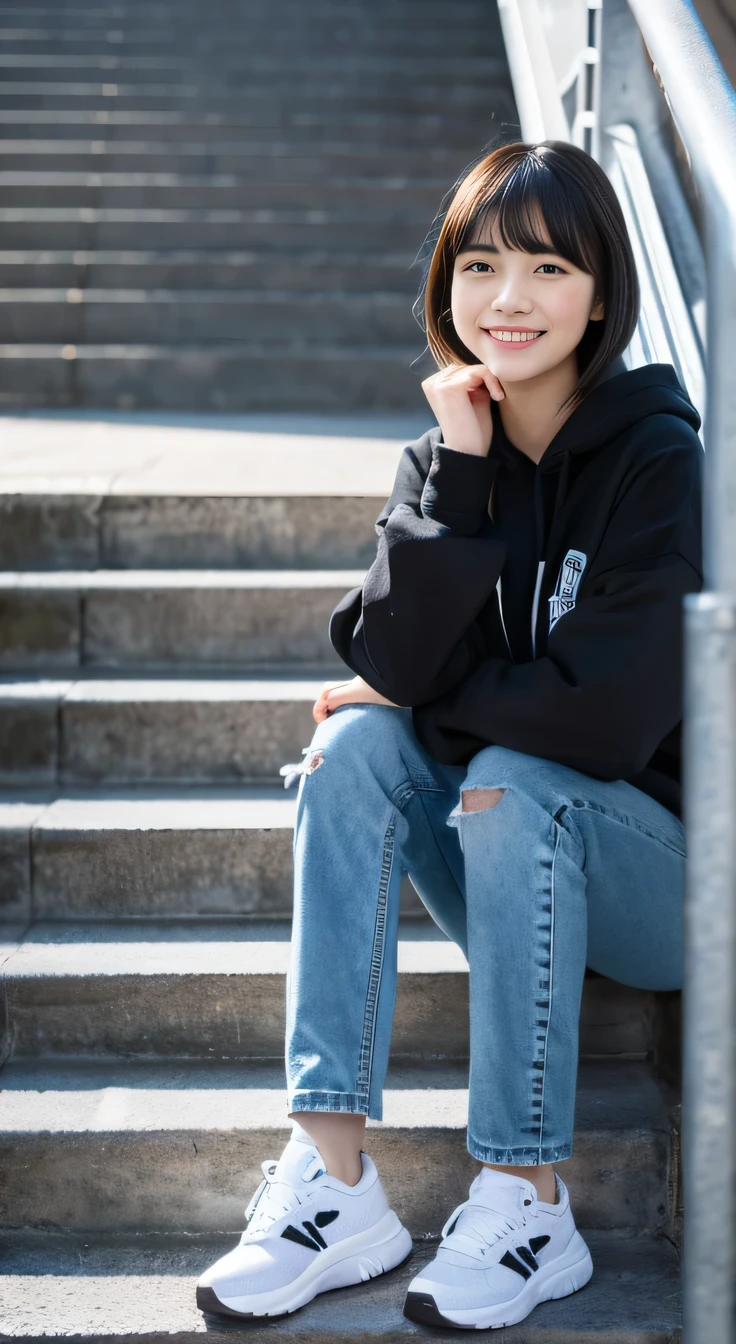 highest quality, Realistic, Very detailed, Finer details, High resolution, 8k wallpaper, One beautiful woman,Sit on the stairs、smile、、（Black socks） Oversized hoodie, Skinny jeans,（ Black sneakers）、Black Hair、 Beautiful Bangs、ear piercing、Perfect dynamic composition, Beautiful and detailed, Full Body Shot, A big smile waiting to start
