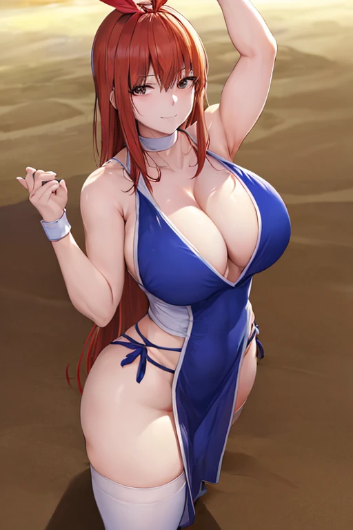 masterpiece, best quality, beautiful art, high resolution, well formed hands, body and fingers, 1 woman, solo, Yotsuba Nakano, adult, grown up, hair ribbon , adult, big breasted, cleavage, full body, long hair, hair ornament, gorgeous legs and thighs, blue_kunoichi_dress, white stockings, sleeveless, she is fighting in a combat match at a martial arts tournament, she is getting ready to fight, making her guard pose, action and fighting scene, about to hit the viewer, looking at the viewer, sweating , feeling confident and proud, smiling joyfully and happily, charming her opponent with her beauty, fighting scene, martial arts tournament on the beach