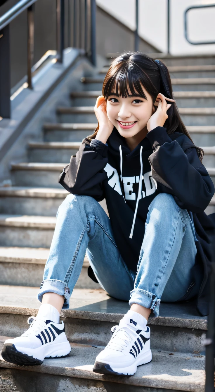 highest quality, Realistic, Very detailed, Finer details, High resolution, 8k wallpaper, One beautiful woman,Sit on the stairs、smile、、（Black socks） Oversized hoodie, Skinny jeans,（ Black sneakers）、Black Hair、 Beautiful Bangs、ear piercing、Perfect dynamic composition, Beautiful and detailed, Full Body Shot, A big smile waiting to start
