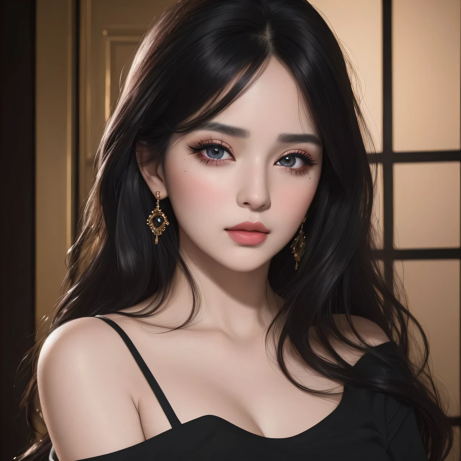 (best quality,4k,8k,highres,masterpiece:1.2),ultra-detailed,(realistic,photorealistic,photo-realistic:1.37),portraits,black hair,sexy woman, seductive eyes,intense gaze, parted mouth,deep blush,flustered,beautiful face,amazing makeup,off shoulder t shirt