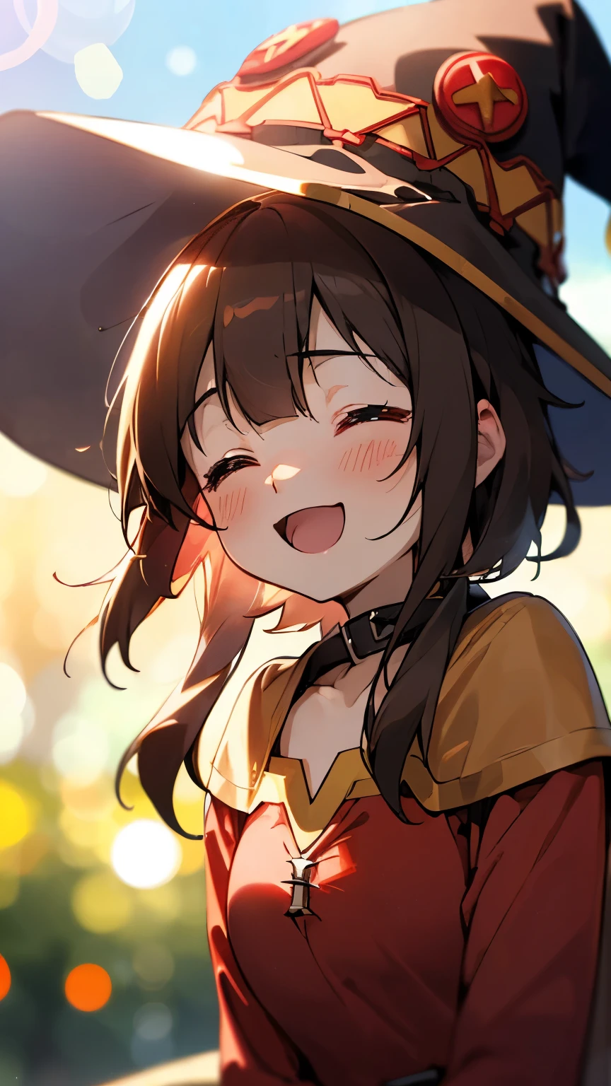 (bokeh, lens flare:1.3), megumindef, witch hat, cape, sunset, ^ ^, backlighting, blurry, blush, , close eyes kawai eyes , collar, depth of field, looking at viewer, smile, open mouth, close-up, upper body 