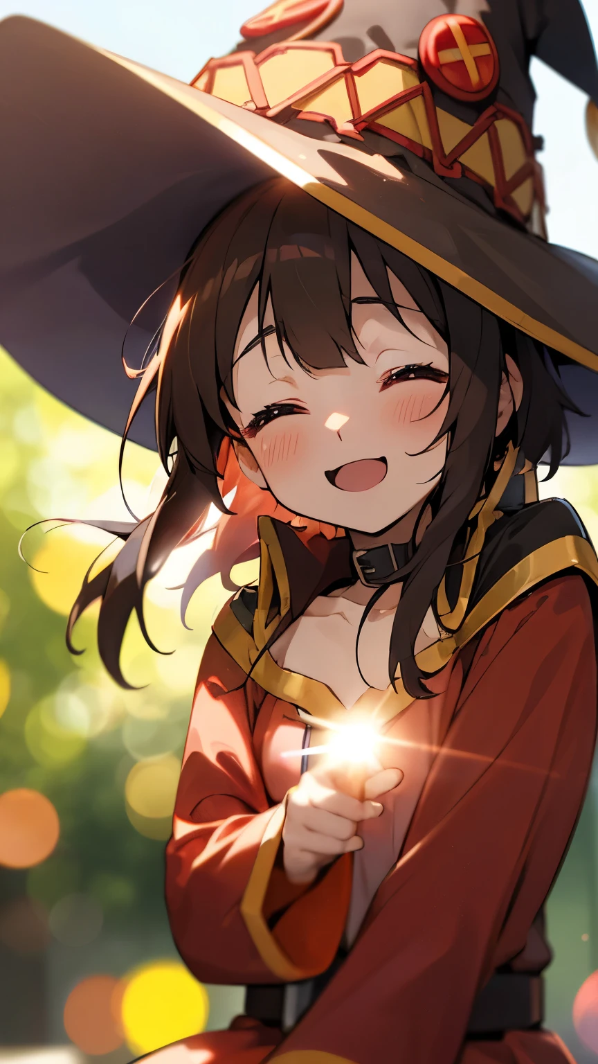 (bokeh, lens flare:1.3), megumindef, witch hat, cape, sunset, ^ ^, backlighting, blurry, blush, , close eyes kawai eyes , collar, depth of field, looking at viewer, smile, open mouth, close-up, upper body
