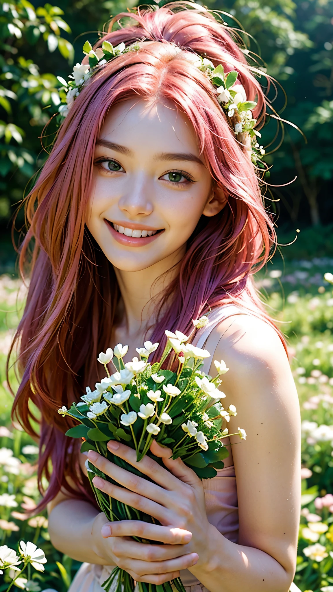 highest quality, masterpiece, Ultra-high resolution, (Realistic:1.4), (Close-up portrait) RAW Photos, 1 girl,20-year-old,((Smiling with teeth showing)),((Big smile)),((In the forest of fresh greenery)),((background)),((White clover hair accessory)),,((Passionate pink haired girl&#39;compensate)),((High Fashion)),Messy Hair,((Cap Chestnut)),((Short bangs)),Realistic,Image Media Chest)),