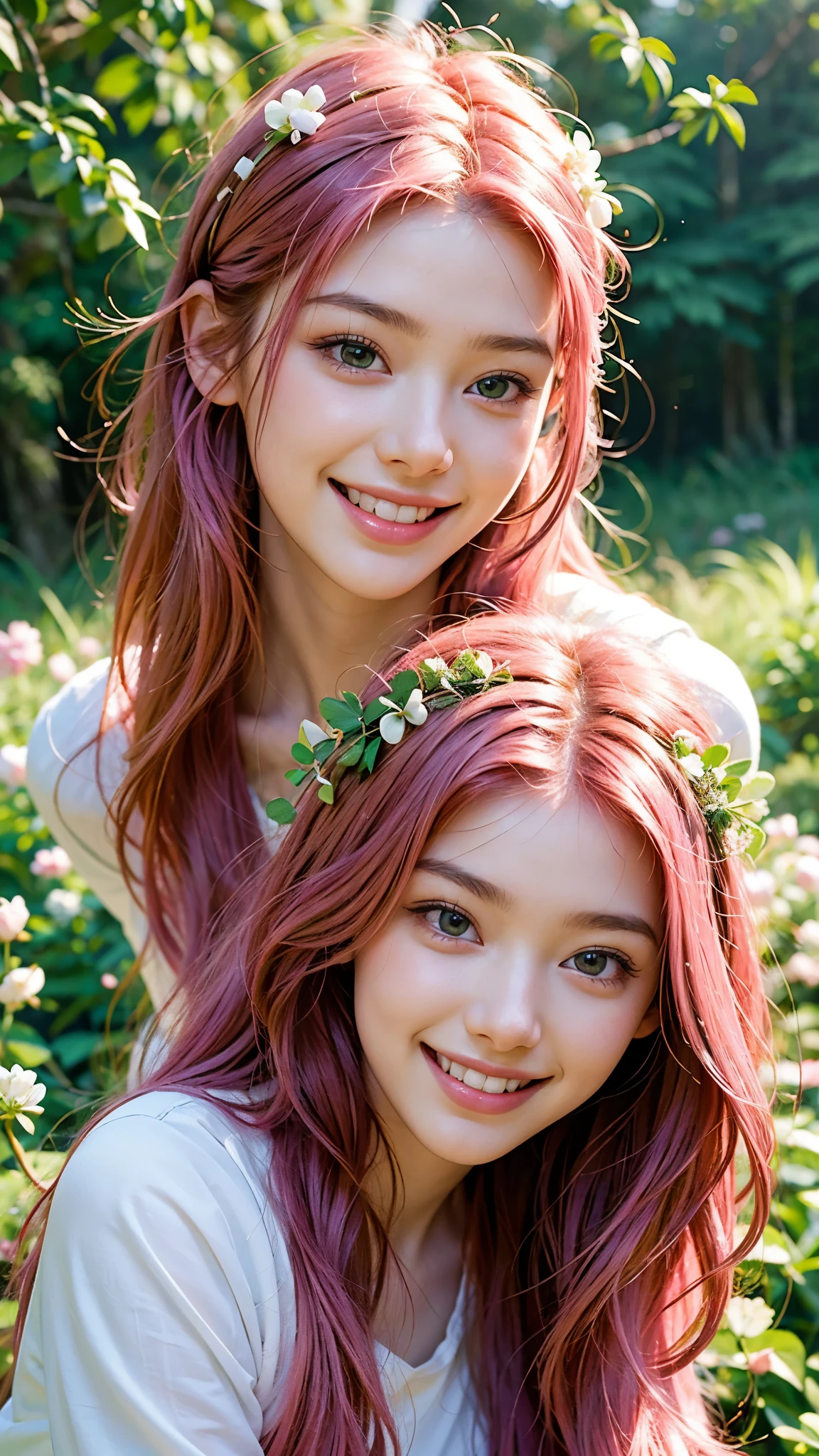 highest quality, masterpiece, Ultra-high resolution, (Realistic:1.4), (Close-up portrait) RAW Photos, 1 girl,20-year-old,((Smiling with teeth showing)),((Big smile)),((In the forest of fresh greenery)),((background)),((White clover hair accessory)),,((Passionate pink haired girl'compensate)),((High Fashion)),Messy Hair,((Cap Chestnut)),((Short bangs)),Realistic,Image Media Chest)),